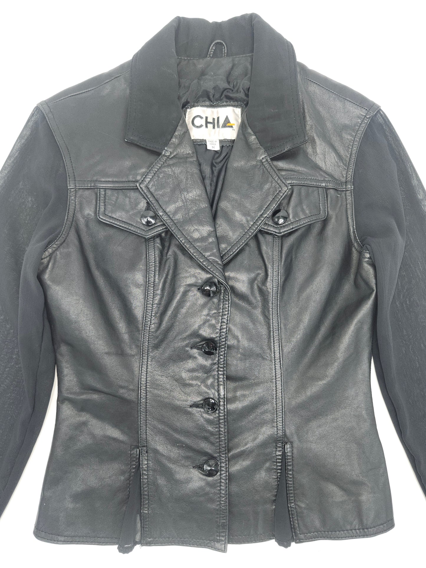 Black Leather Moto Jacket with Sheer Sleeves Vintage Size M