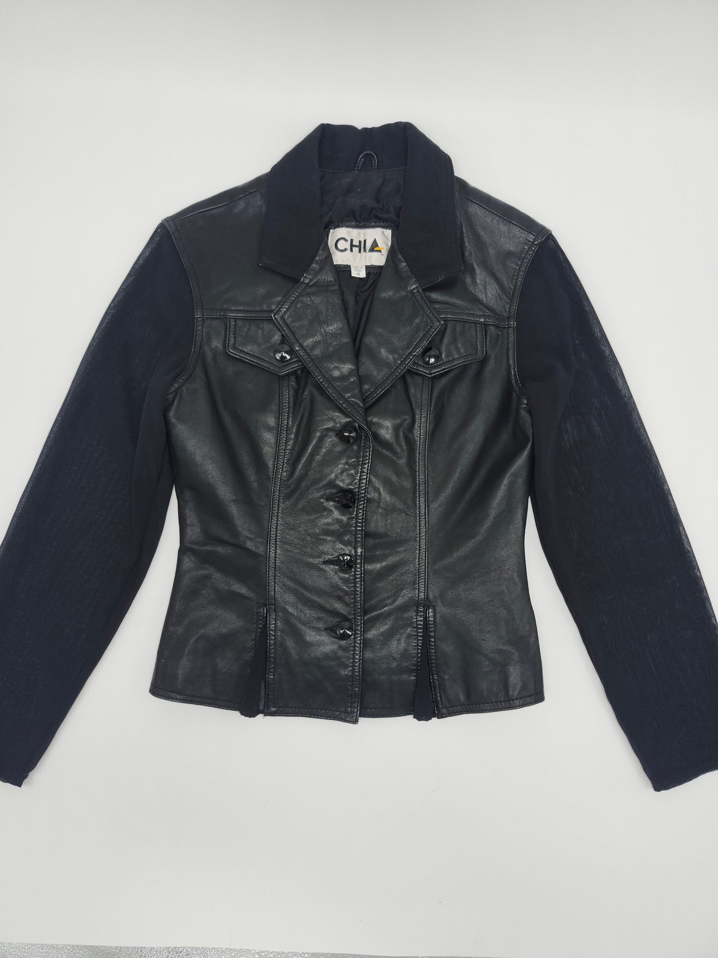 Black Leather Moto Jacket with Sheer Sleeves Vintage Size M