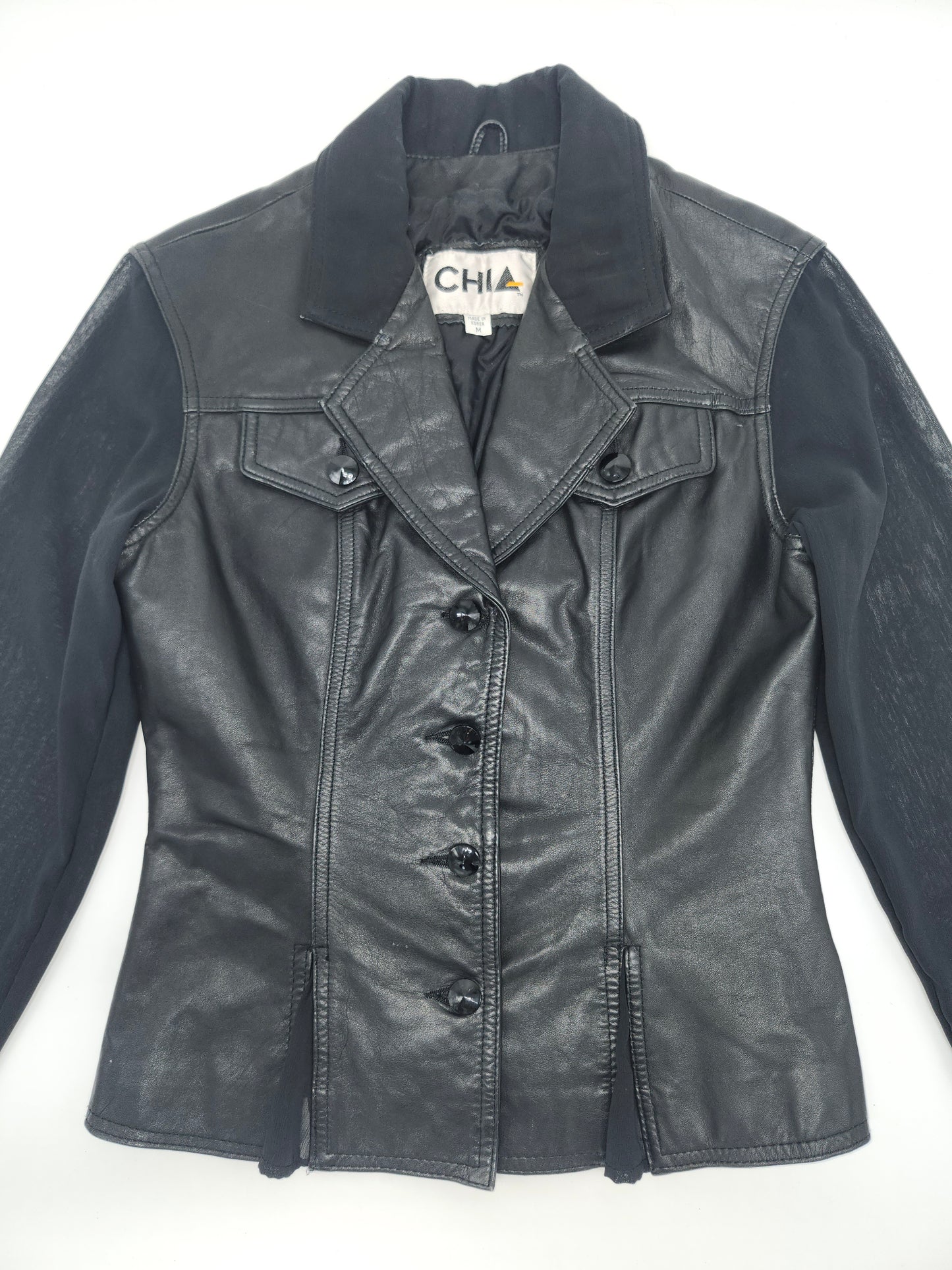 Black Leather Moto Jacket with Sheer Sleeves Vintage Size M