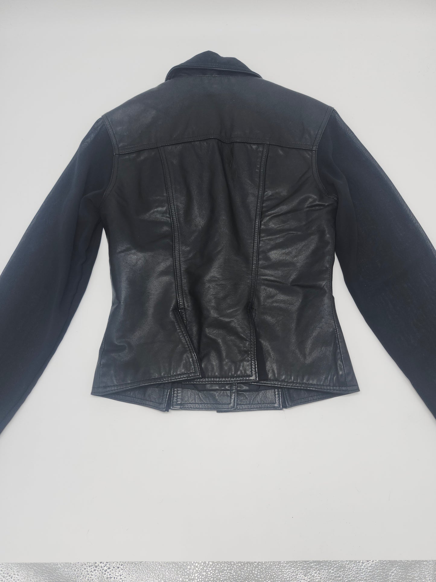 Black Leather Moto Jacket with Sheer Sleeves Vintage Size M