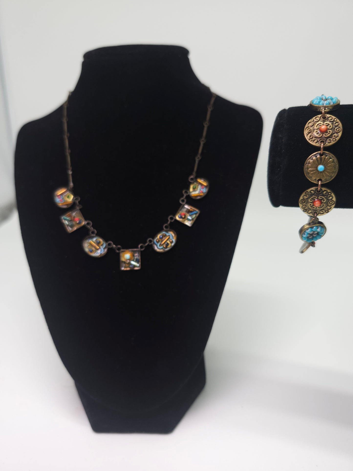 Vintage Brass Unique Beaded & Enamel Work Necklace / Bracelet Set