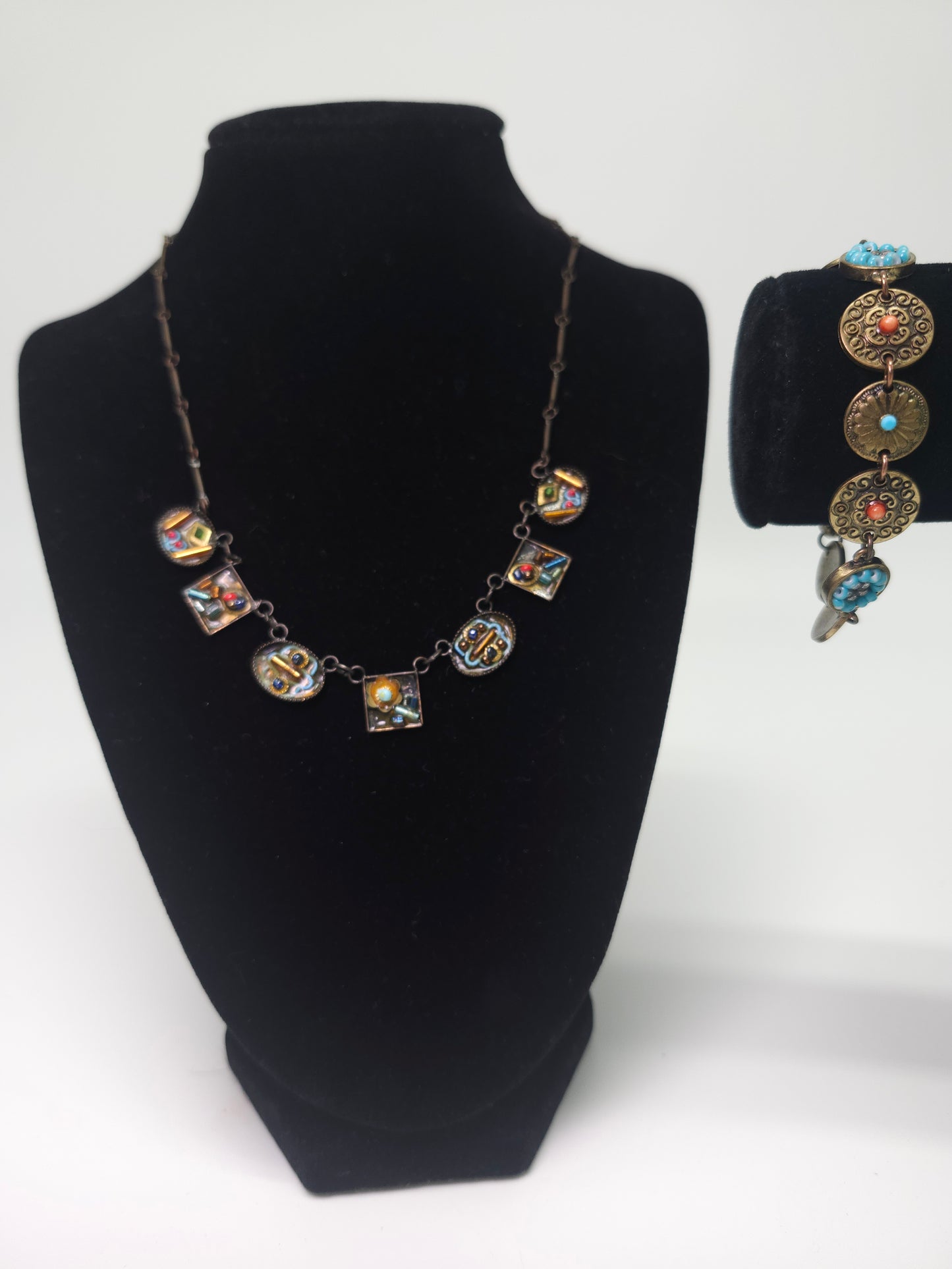 Vintage Brass Unique Beaded & Enamel Work Necklace / Bracelet Set