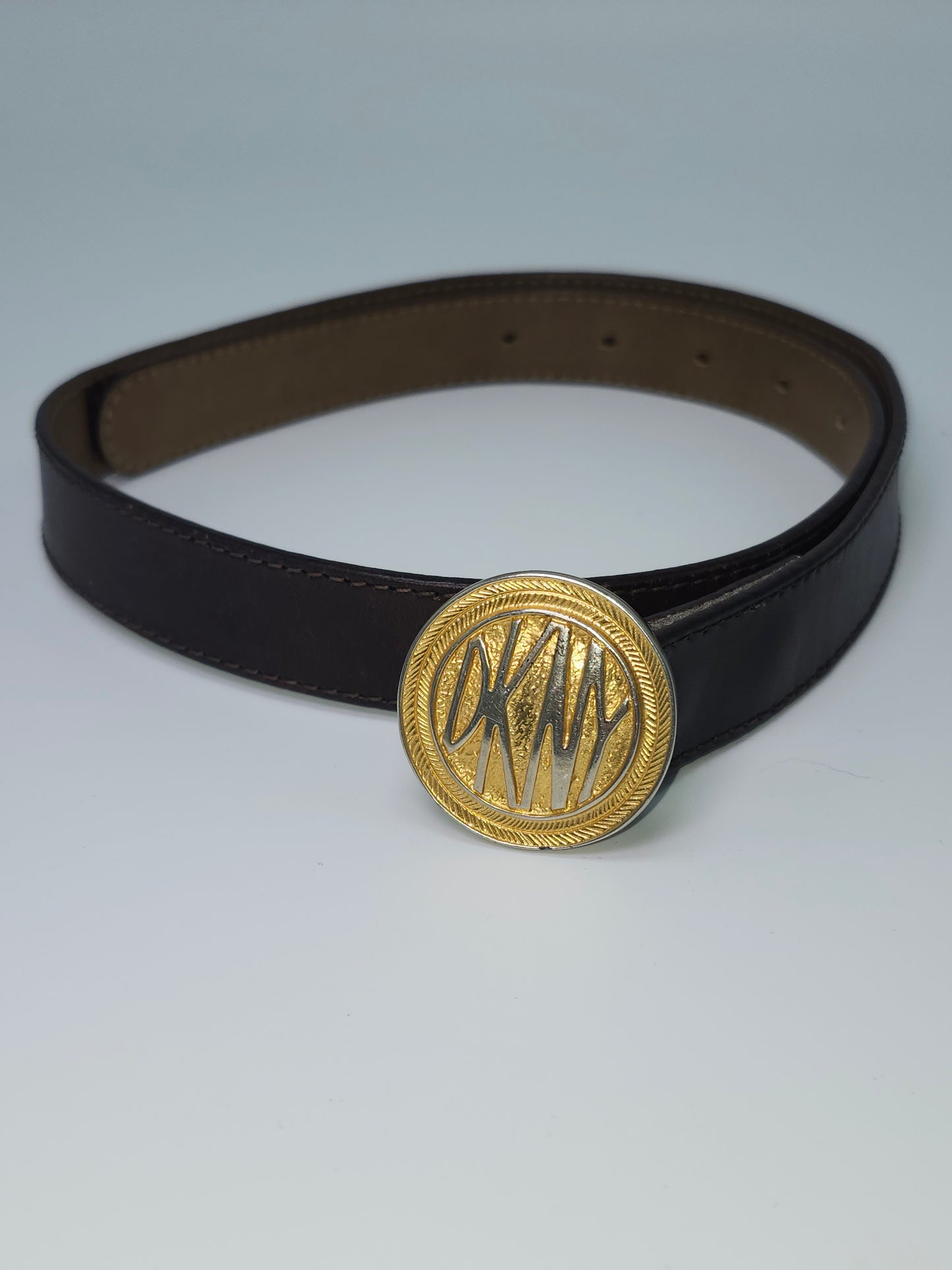 1990's DKNY Brown Leather Belt / Gold Toned Buckle Size Small