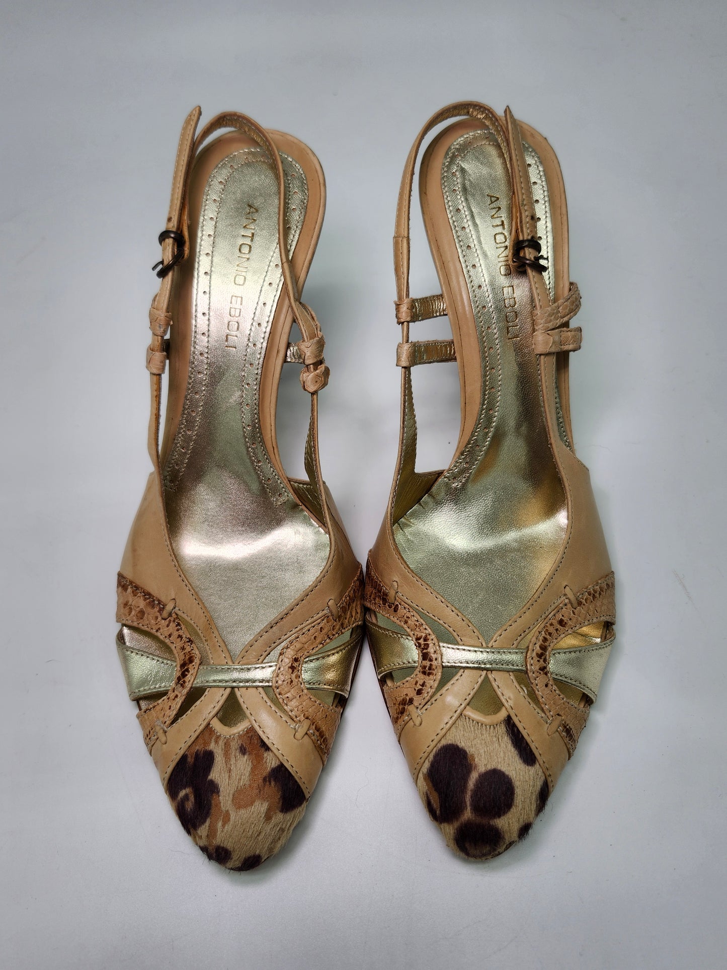 *Antonio Eboli* Y2K Beige Leather & Fur Peep Toe Sling Back Heels Women's 8.5