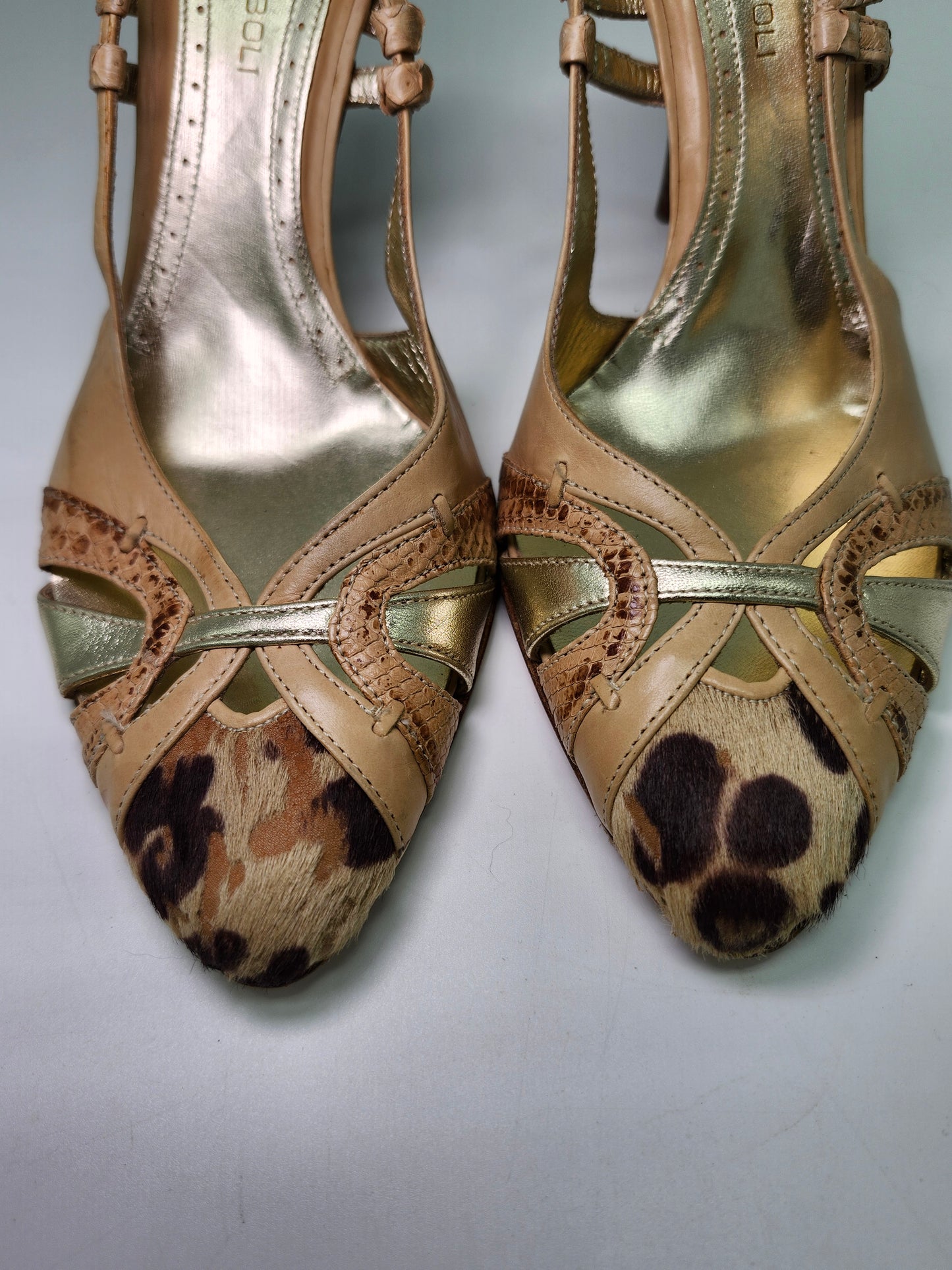 *Antonio Eboli* Y2K Beige Leather & Fur Peep Toe Sling Back Heels Women's 8.5
