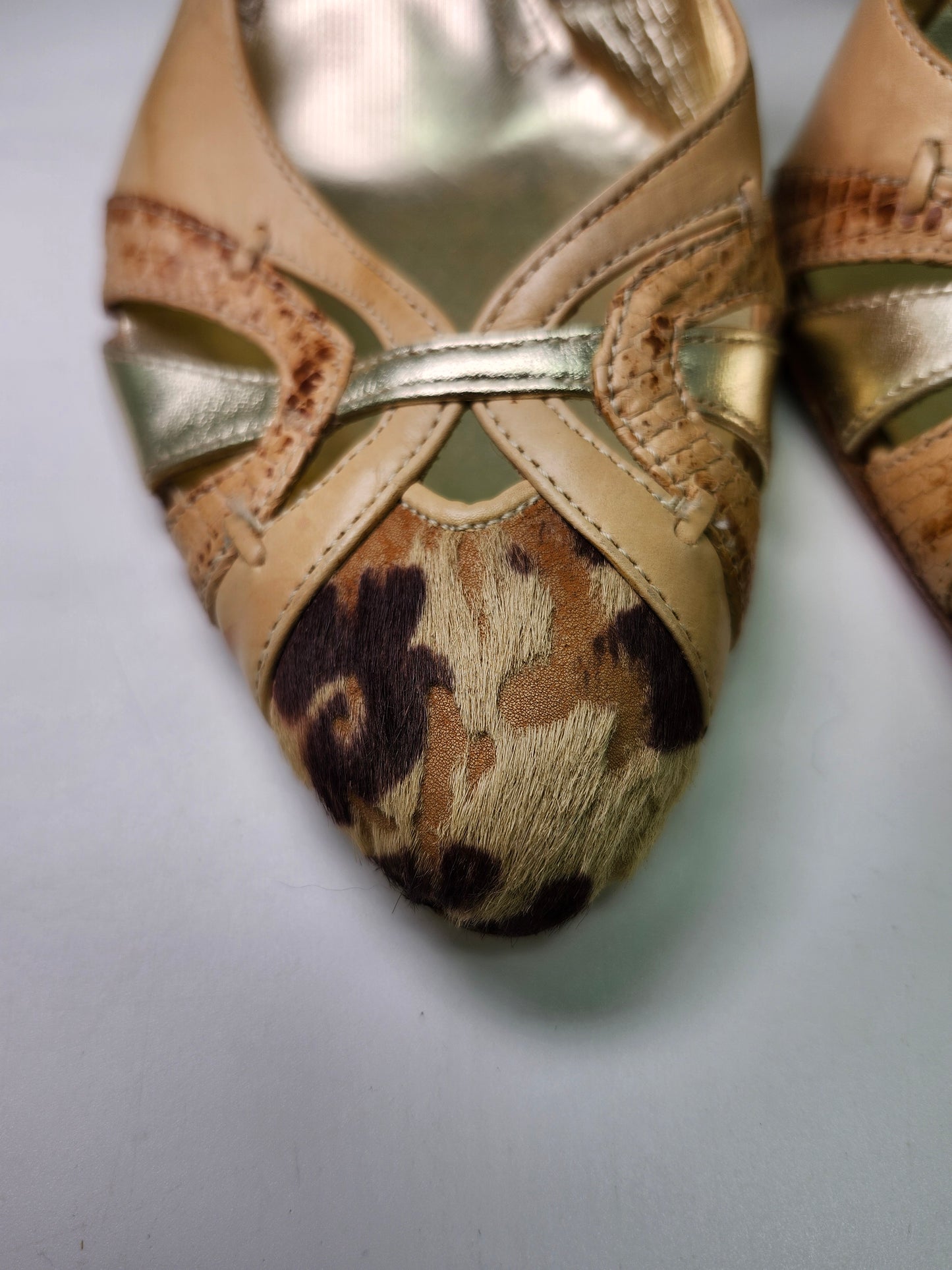 *Antonio Eboli* Y2K Beige Leather & Fur Peep Toe Sling Back Heels Women's 8.5