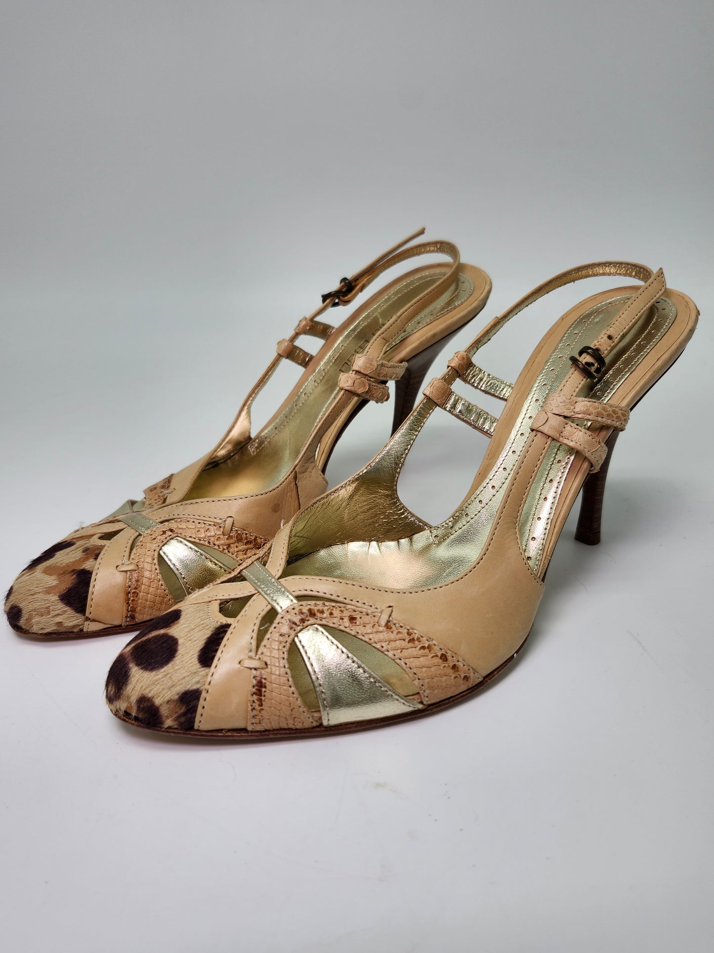 *Antonio Eboli* Y2K Beige Leather & Fur Peep Toe Sling Back Heels Women's 8.5