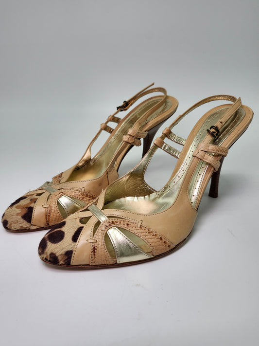 *Antonio Eboli* Y2K Beige Leather & Fur Peep Toe Sling Back Heels Women's 8.5