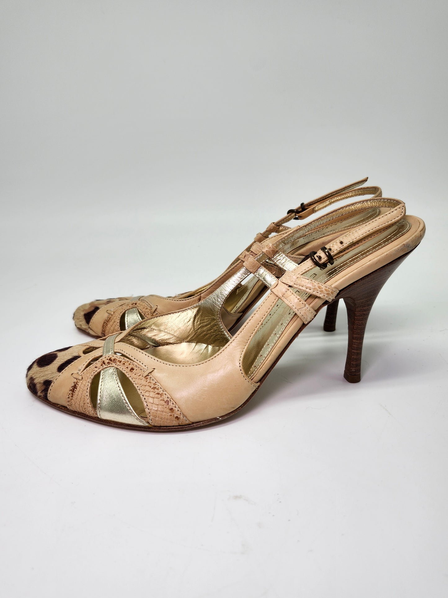 *Antonio Eboli* Y2K Beige Leather & Fur Peep Toe Sling Back Heels Women's 8.5