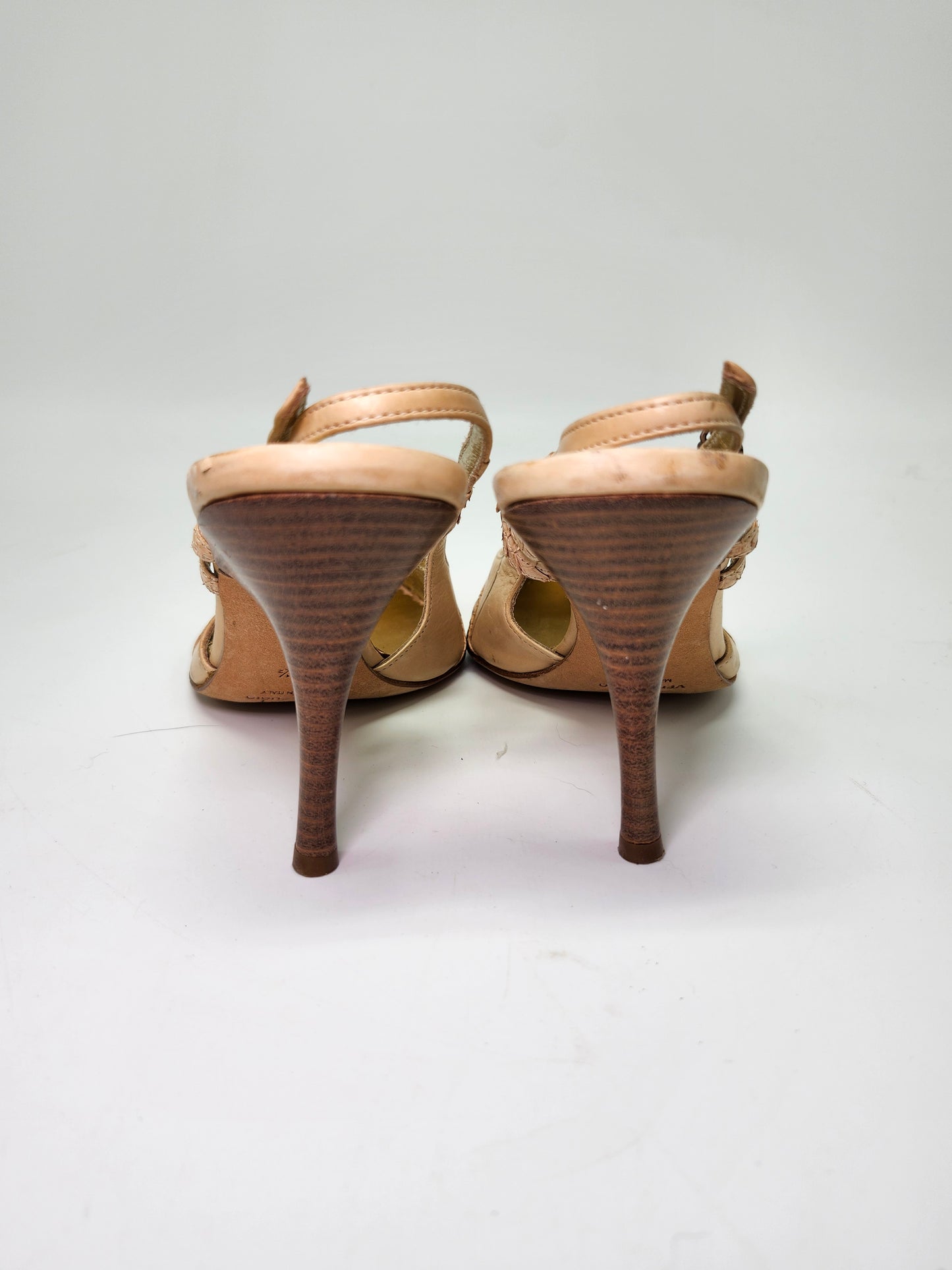 *Antonio Eboli* Y2K Beige Leather & Fur Peep Toe Sling Back Heels Women's 8.5