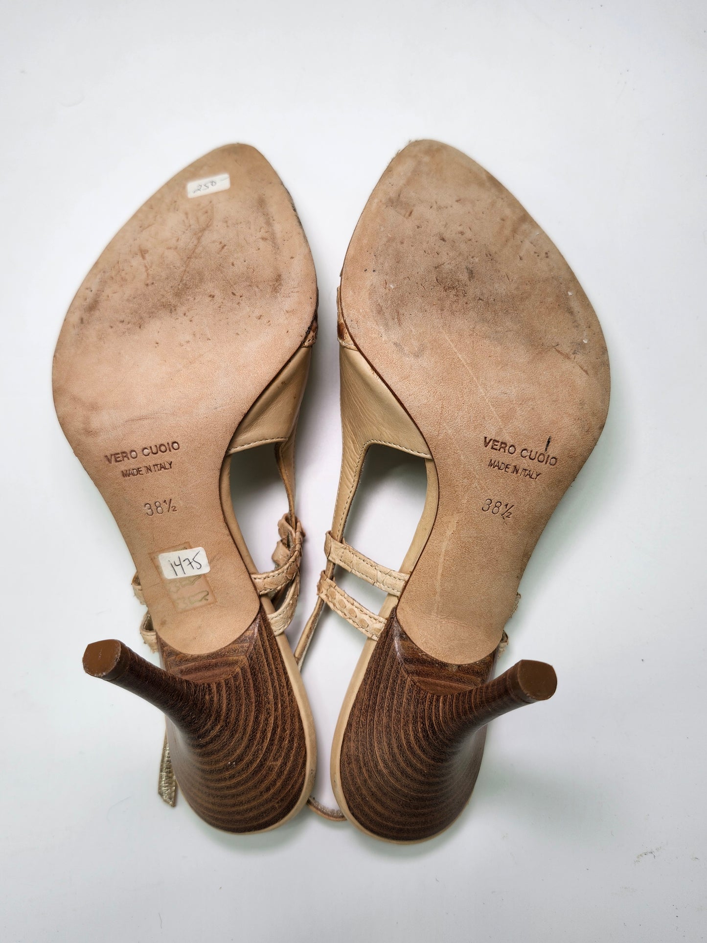 *Antonio Eboli* Y2K Beige Leather & Fur Peep Toe Sling Back Heels Women's 8.5