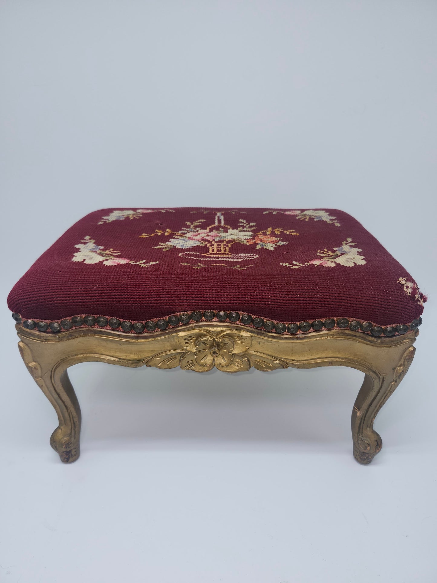 *Louis XV* Antique Carved Giltwood Footstool with Needlepoint Tapestry