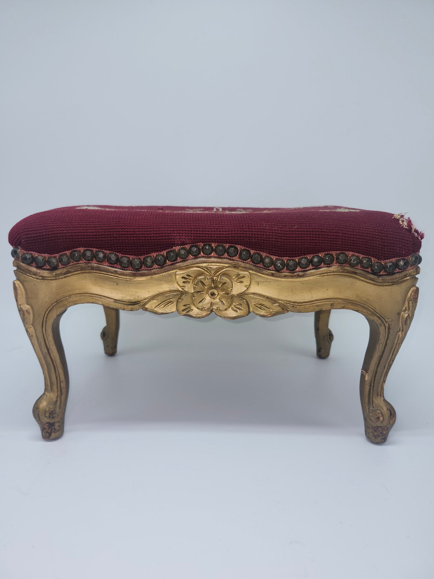 *Louis XV* Antique Carved Giltwood Footstool with Needlepoint Tapestry