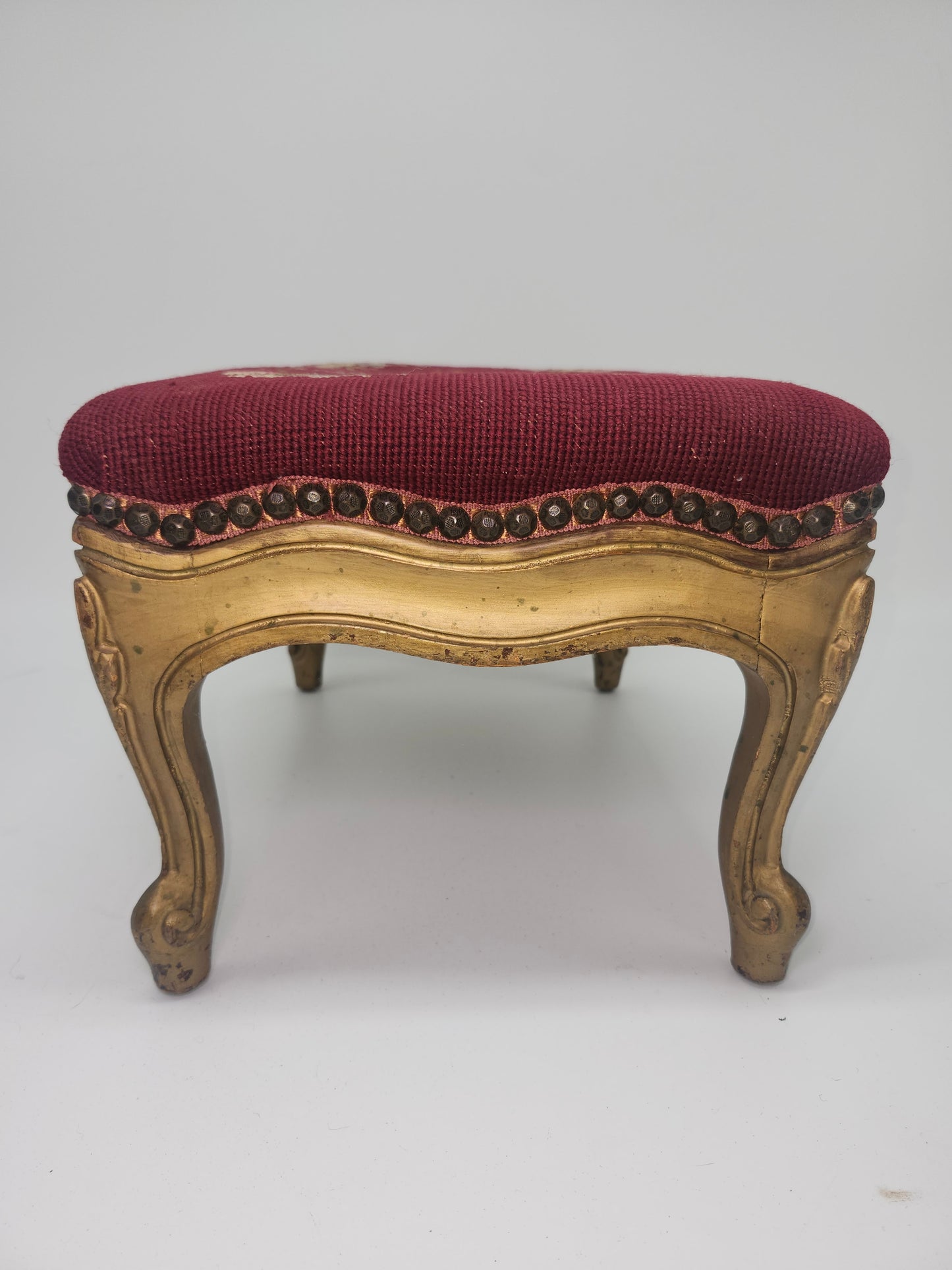 *Louis XV* Antique Carved Giltwood Footstool with Needlepoint Tapestry