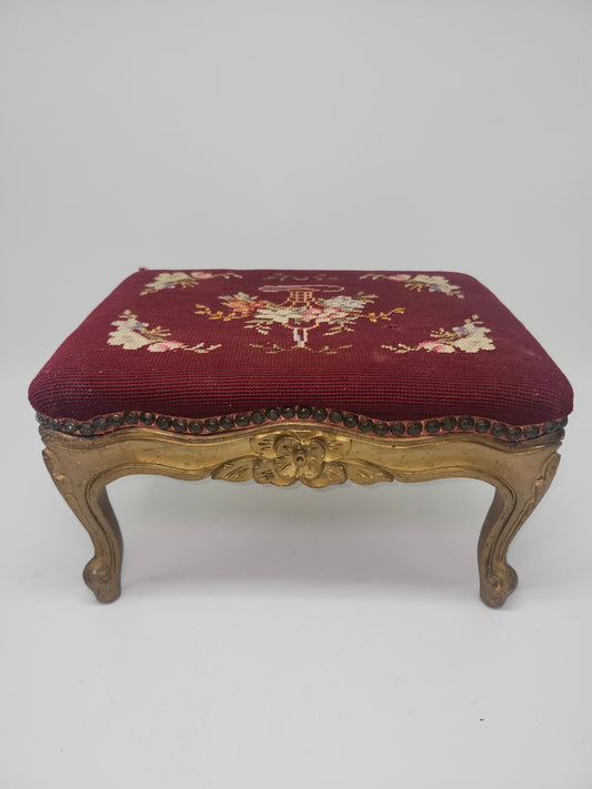 *Louis XV* Antique Carved Giltwood Footstool with Needlepoint Tapestry