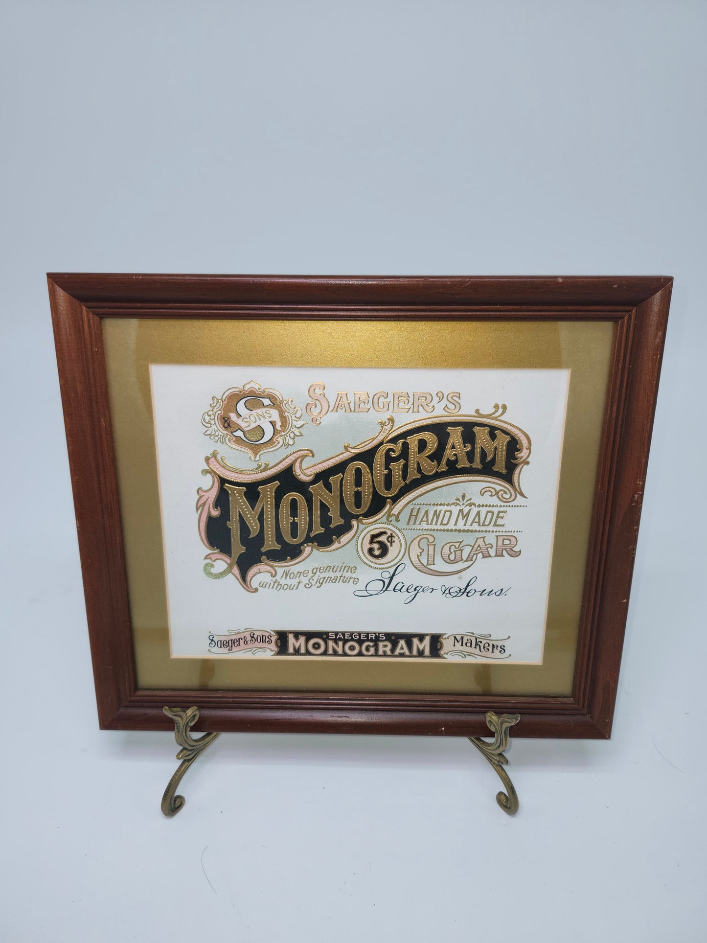 *Victorian Era* Monogram Cigar Label Lithographic Image Framed w/ Brass Stand