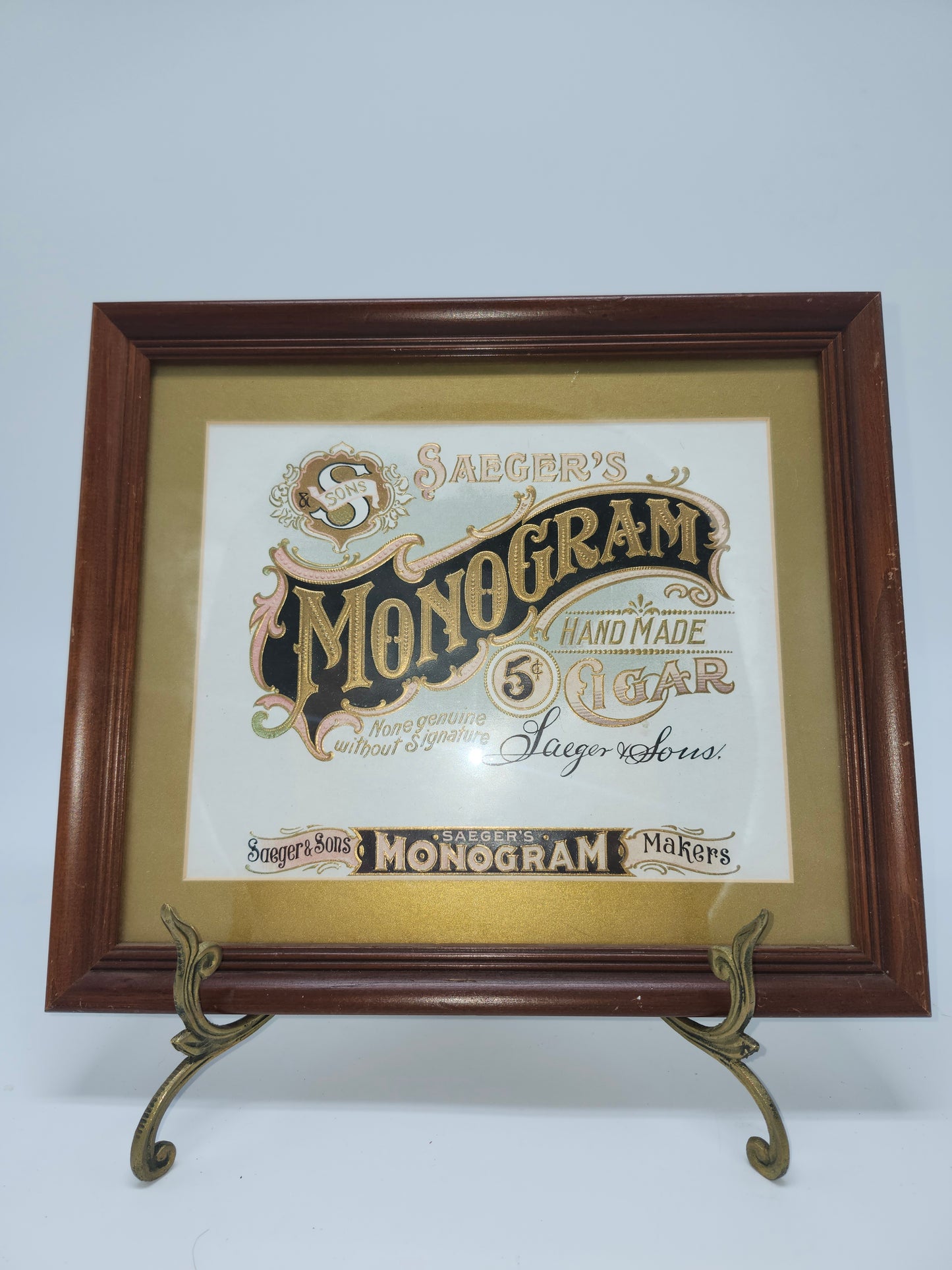 *Victorian Era* Monogram Cigar Label Lithographic Image Framed w/ Brass Stand