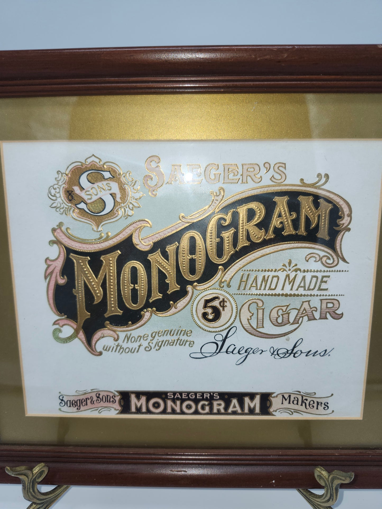 *Victorian Era* Monogram Cigar Label Lithographic Image Framed w/ Brass Stand