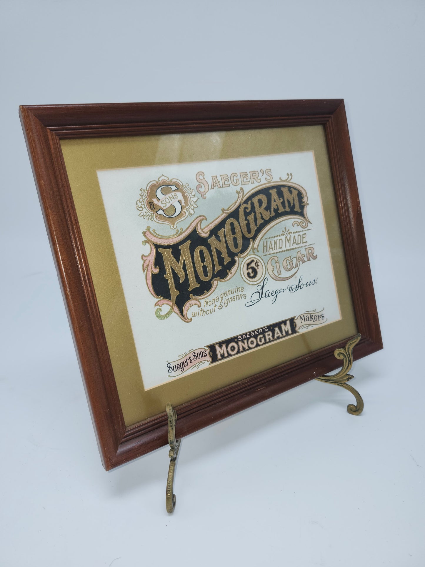 *Victorian Era* Monogram Cigar Label Lithographic Image Framed w/ Brass Stand
