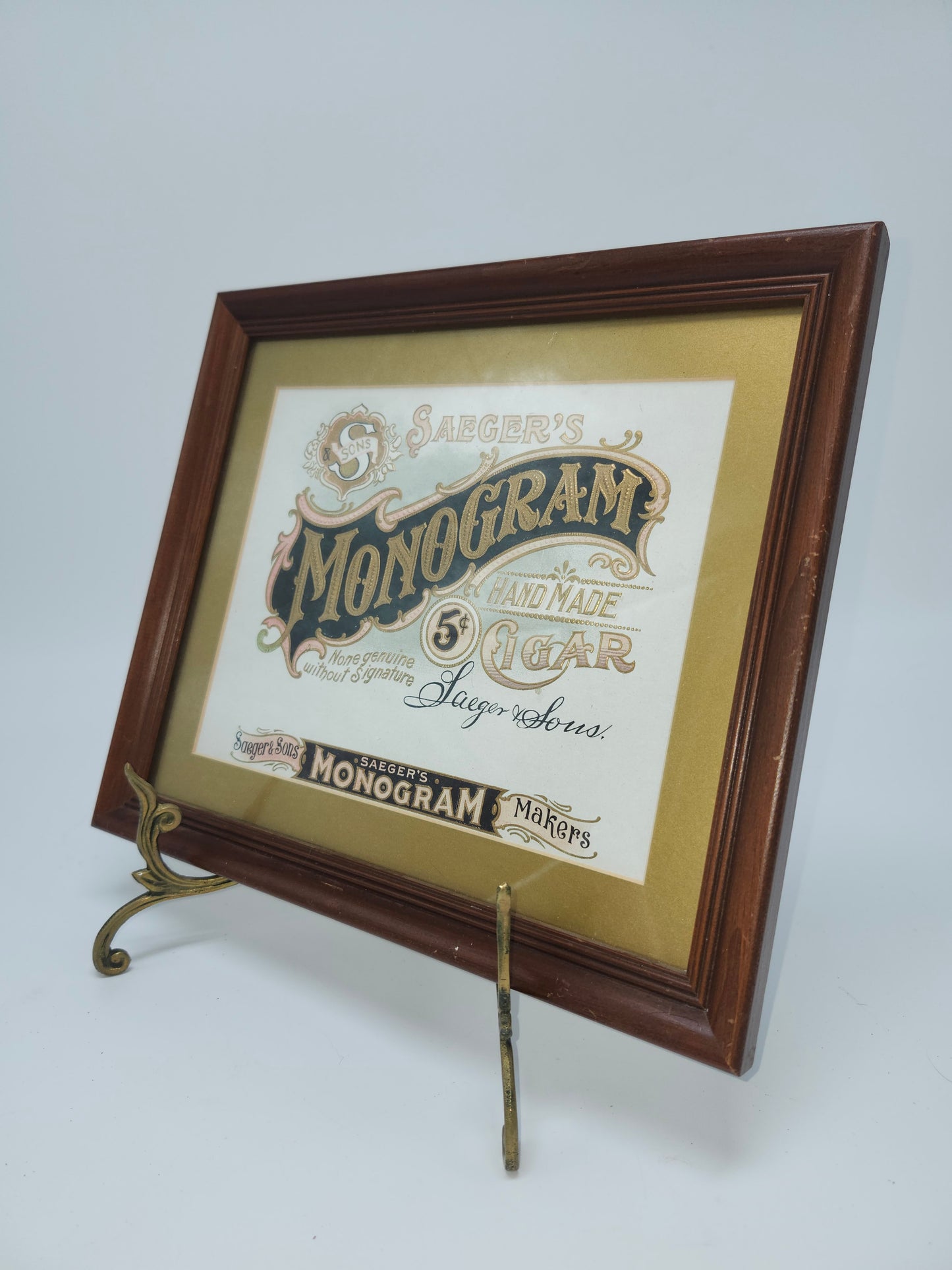 *Victorian Era* Monogram Cigar Label Lithographic Image Framed w/ Brass Stand