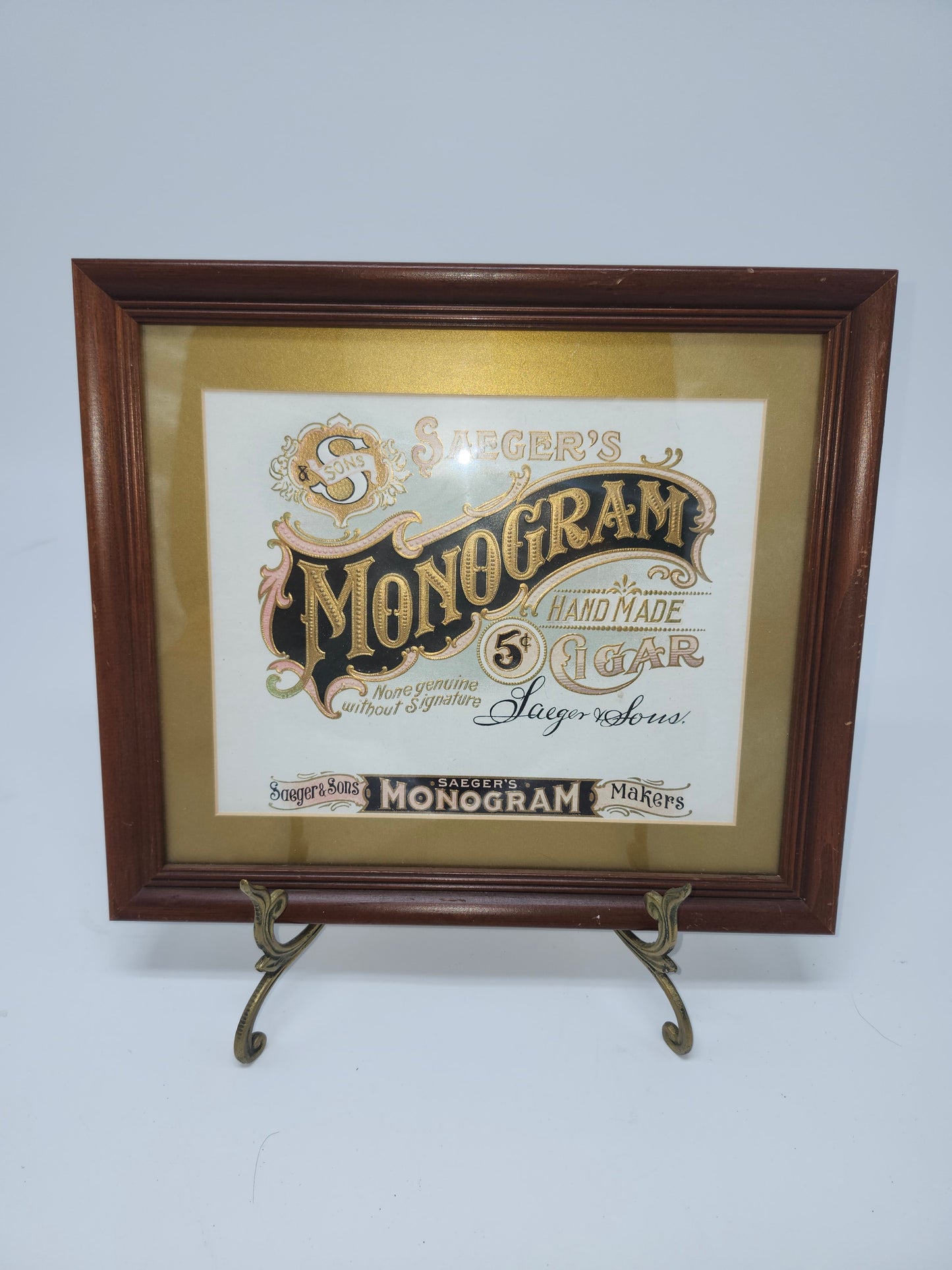 *Victorian Era* Monogram Cigar Label Lithographic Image Framed w/ Brass Stand