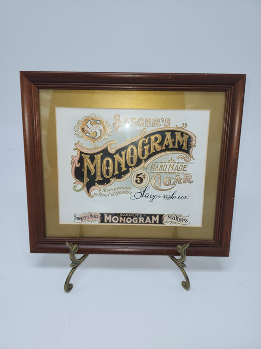 *Victorian Era* Monogram Cigar Label Lithographic Image Framed w/ Brass Stand