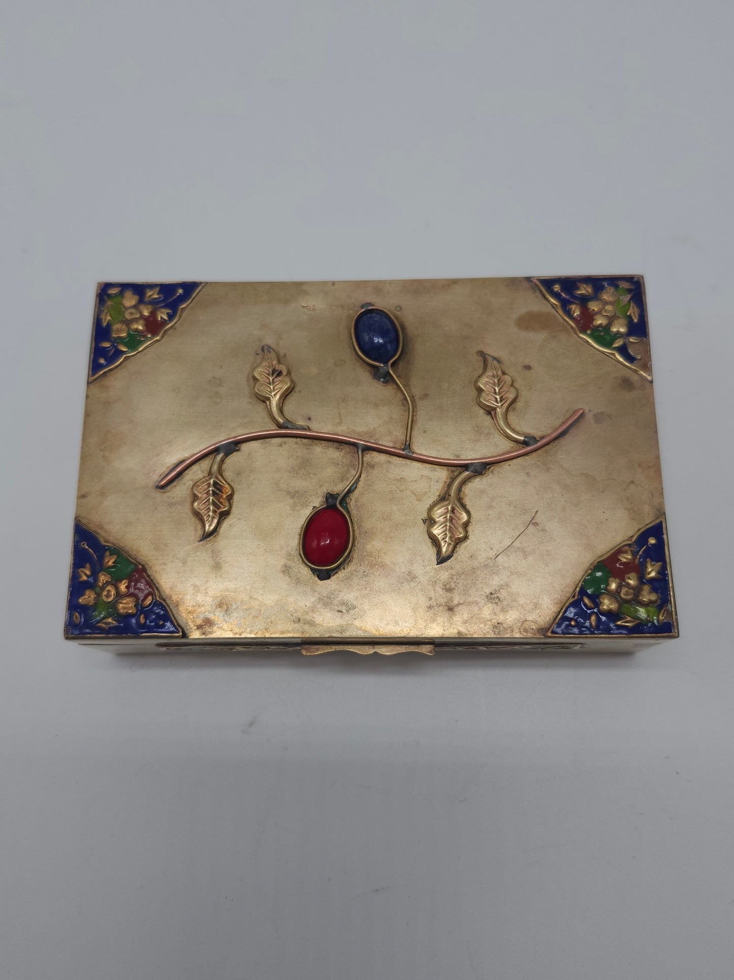 *1800s* Antique Chinese Brass Enamel Box with Inlaid Cabachon Stones
