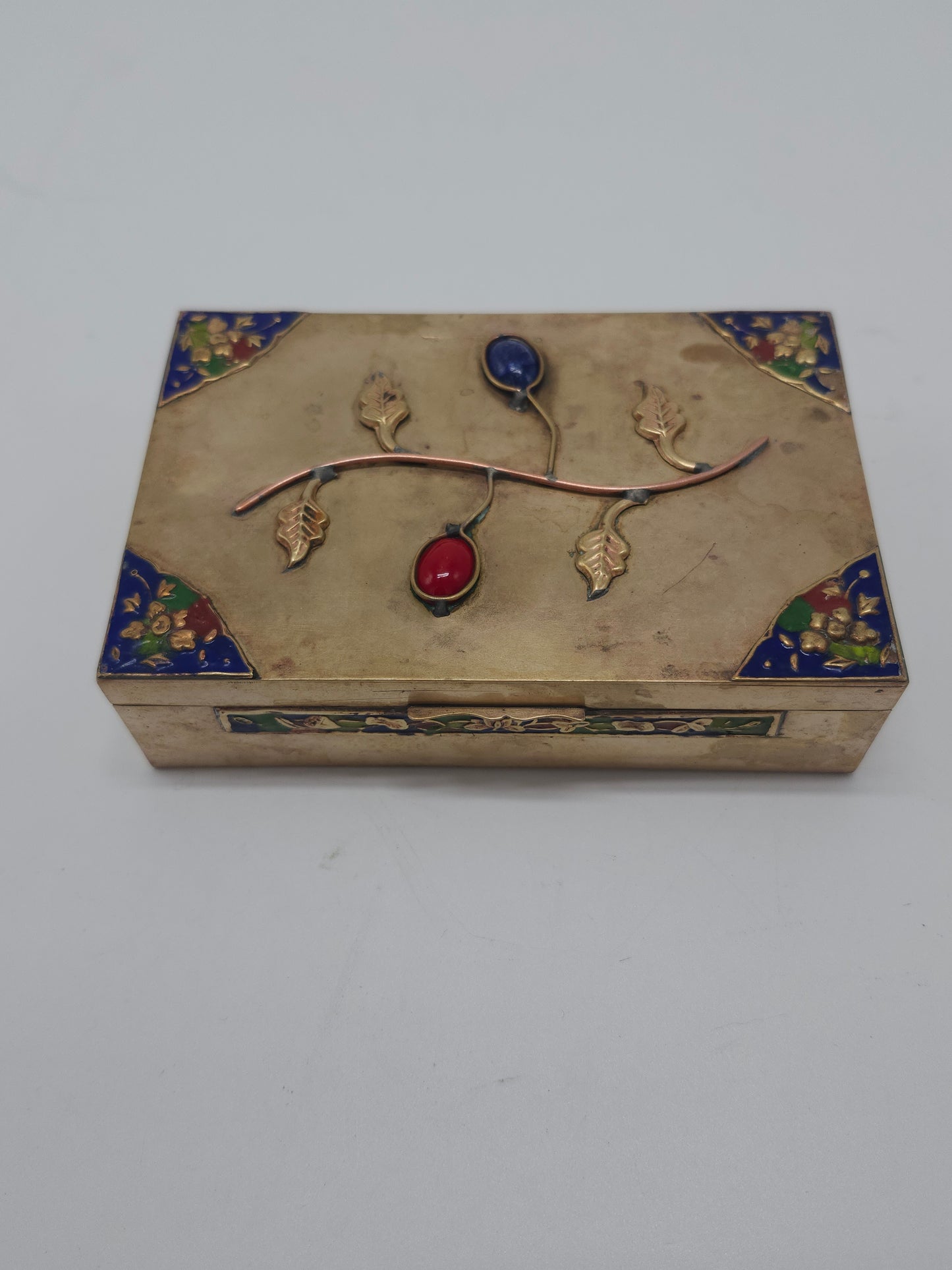 *1800s* Antique Chinese Brass Enamel Box with Inlaid Cabachon Stones