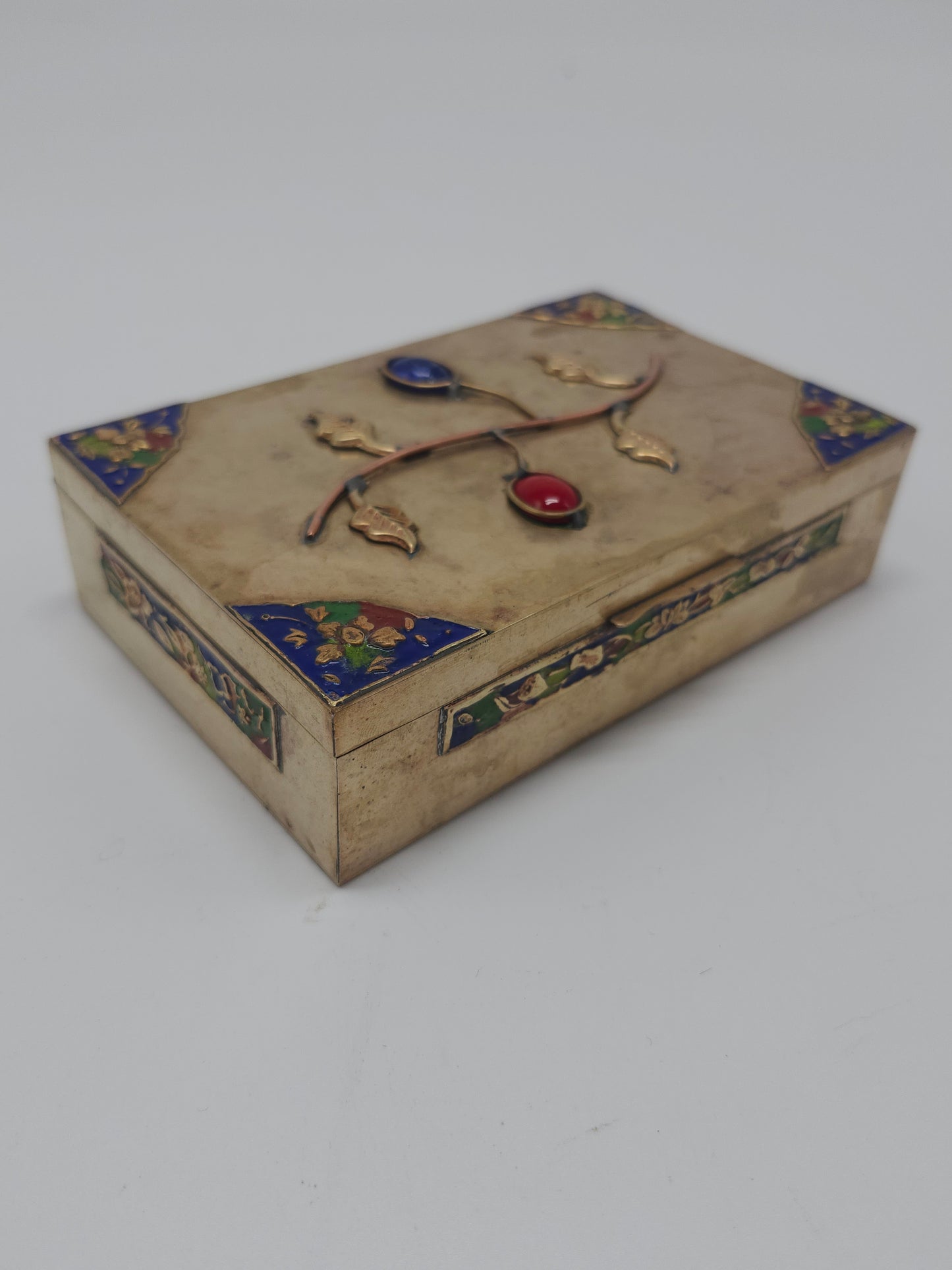 *1800s* Antique Chinese Brass Enamel Box with Inlaid Cabachon Stones