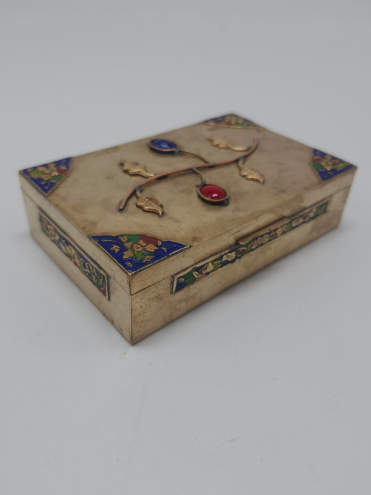 *1800s* Antique Chinese Brass Enamel Box with Inlaid Cabachon Stones