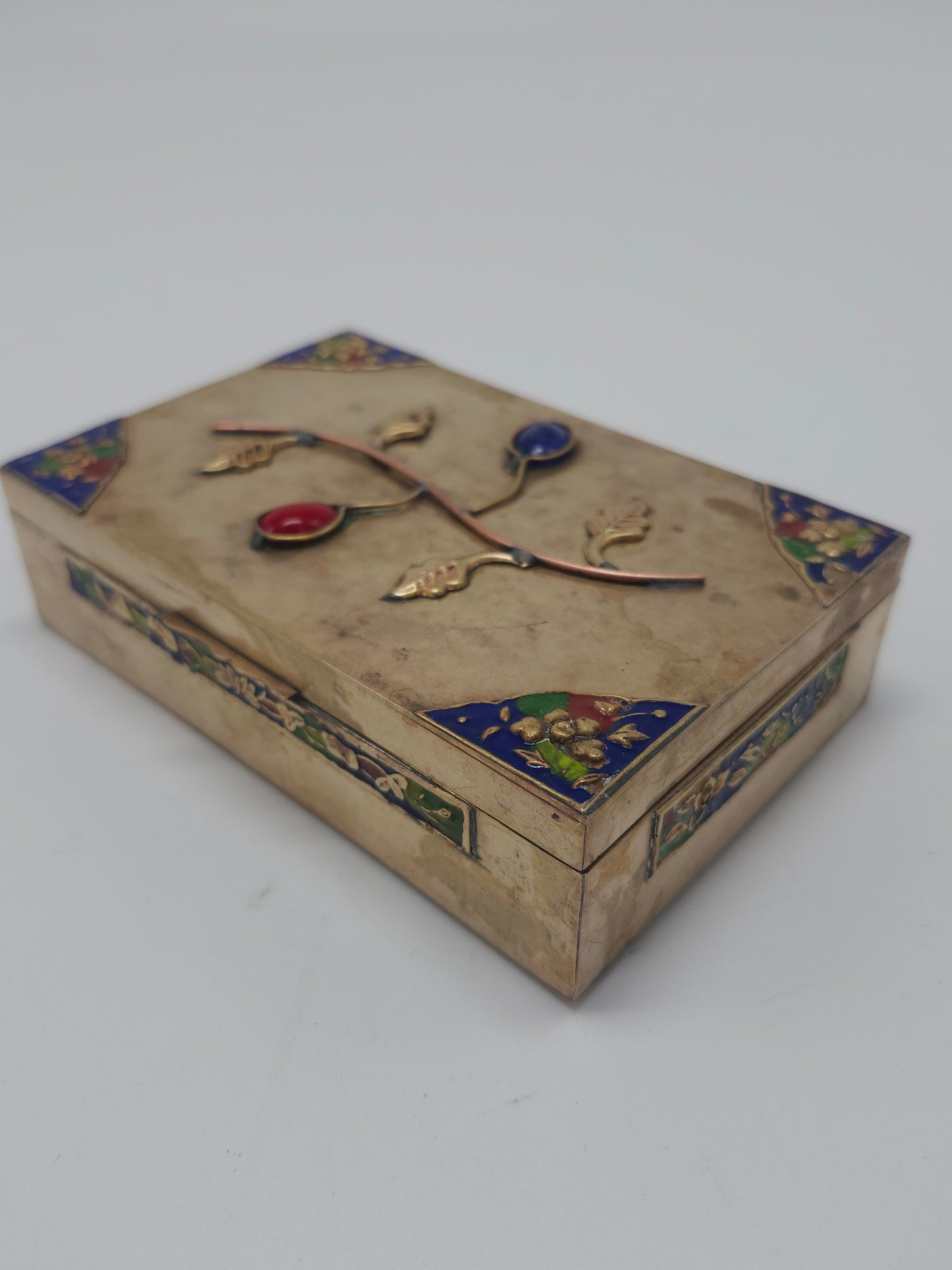 *1800s* Antique Chinese Brass Enamel Box with Inlaid Cabachon Stones