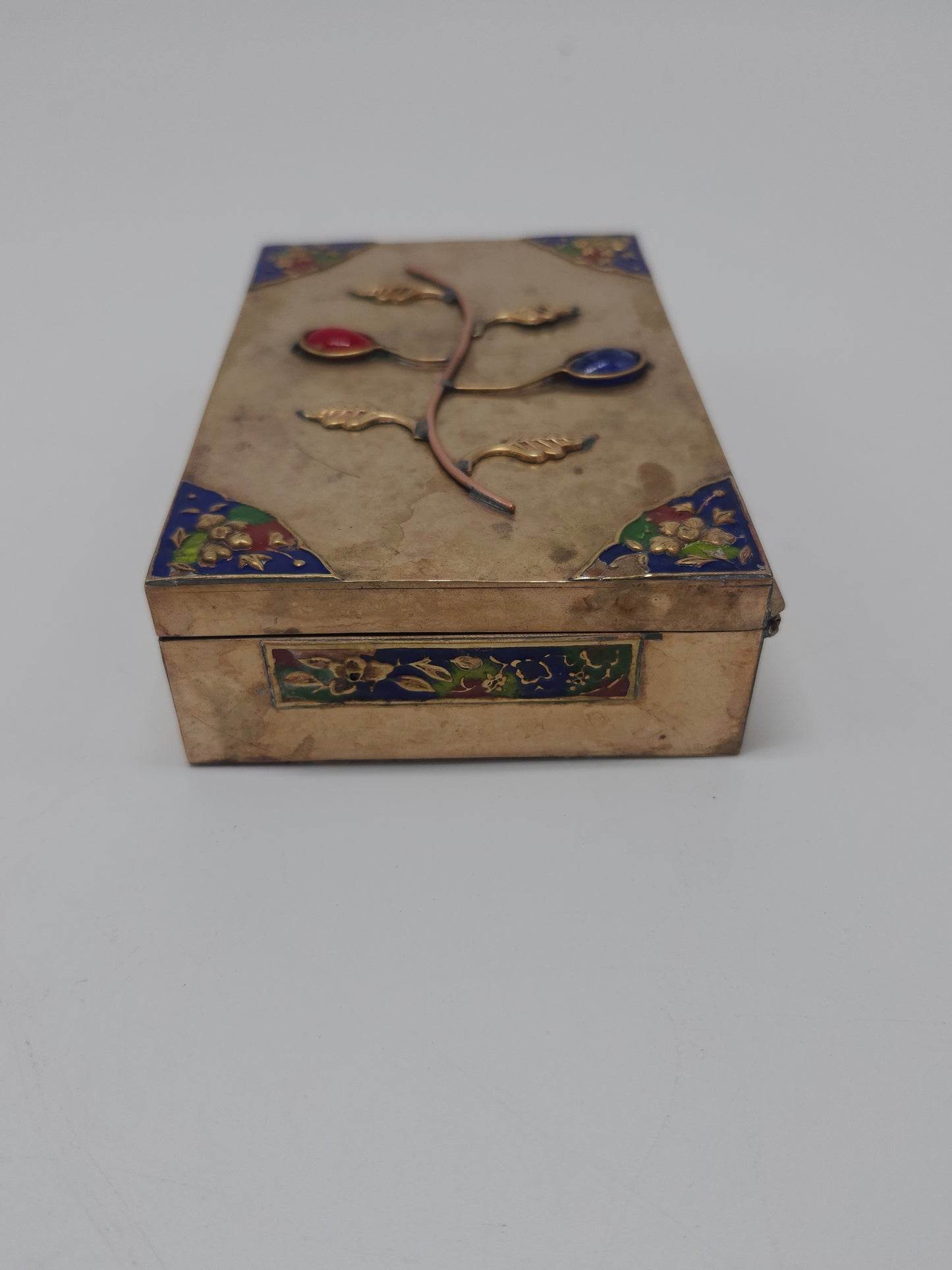 *1800s* Antique Chinese Brass Enamel Box with Inlaid Cabachon Stones