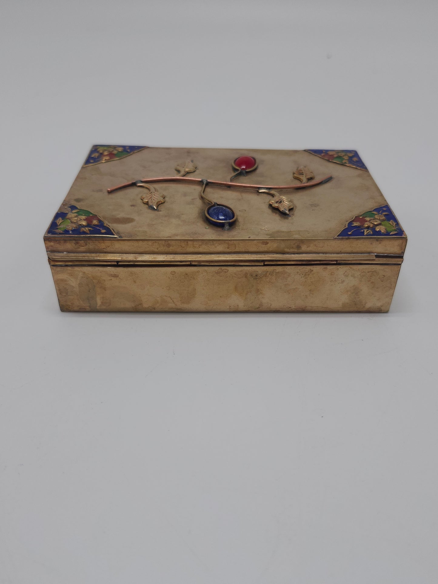 *1800s* Antique Chinese Brass Enamel Box with Inlaid Cabachon Stones