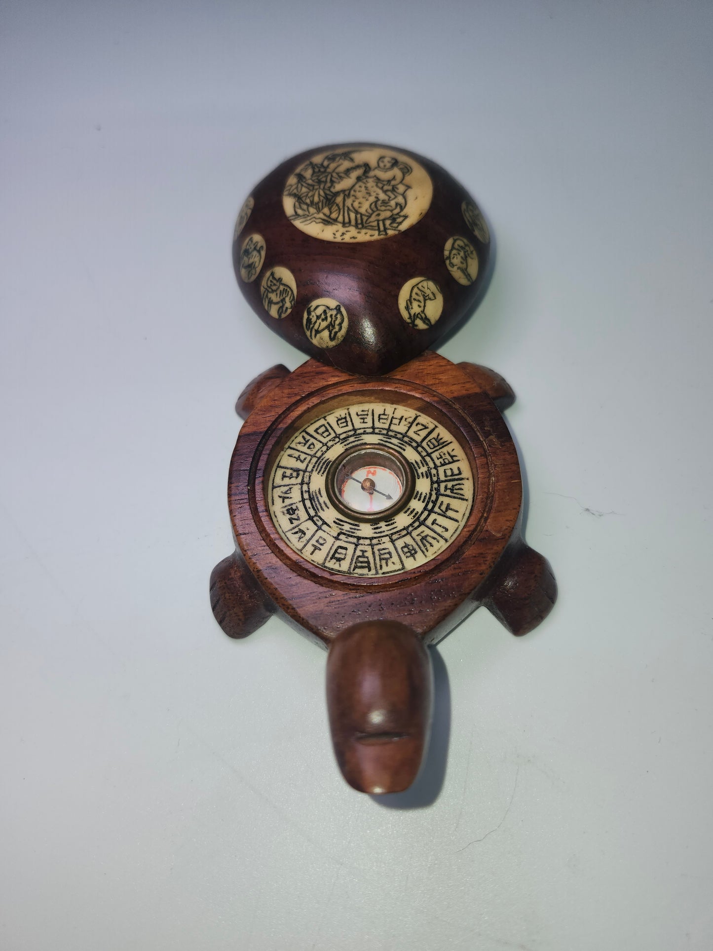 *Carved Wood & Bone* Inlaid Turtle Compass Handmade