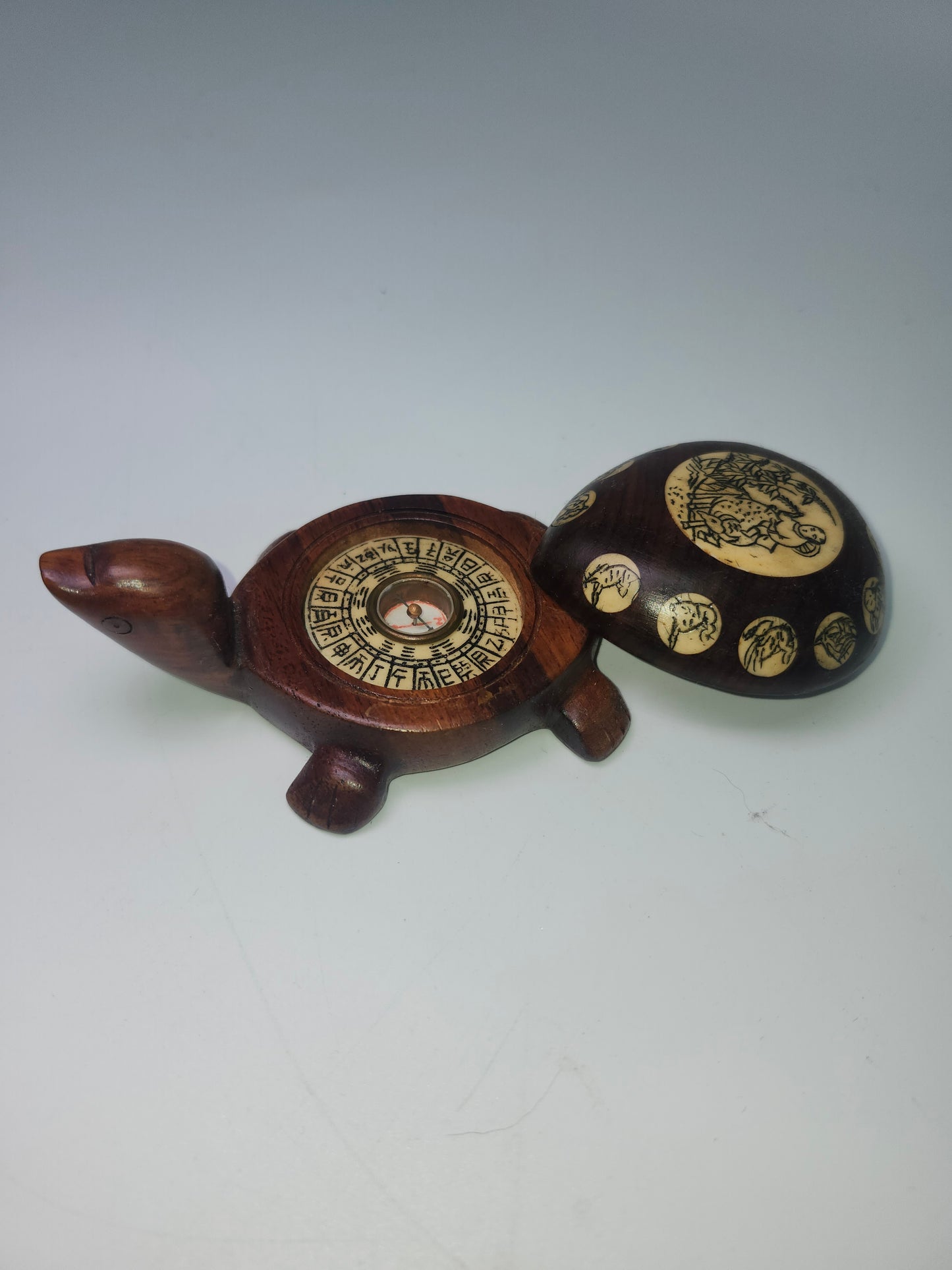 *Carved Wood & Bone* Inlaid Turtle Compass Handmade