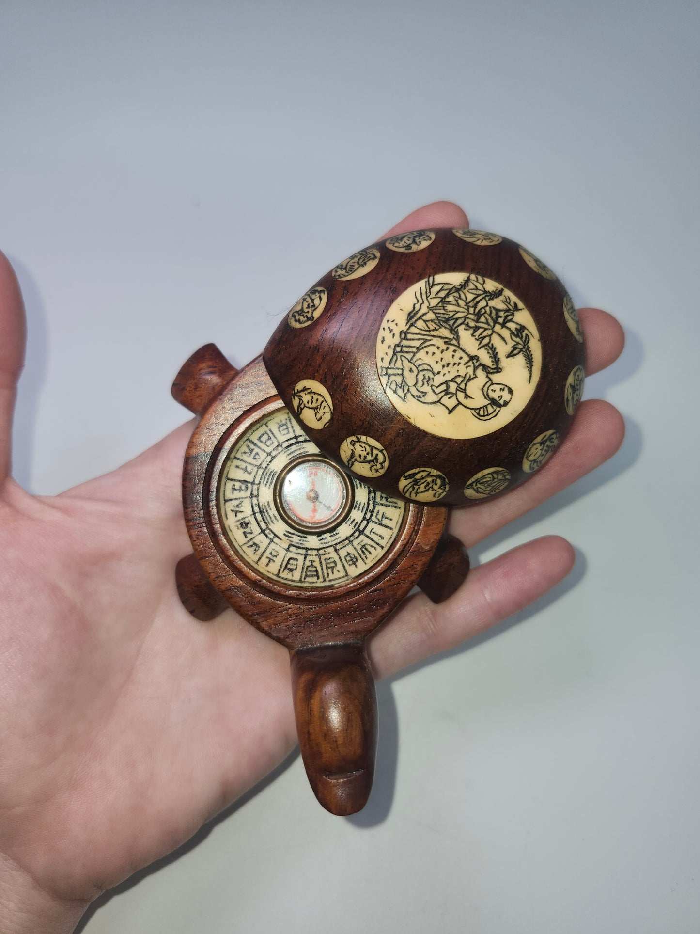 *Carved Wood & Bone* Inlaid Turtle Compass Handmade