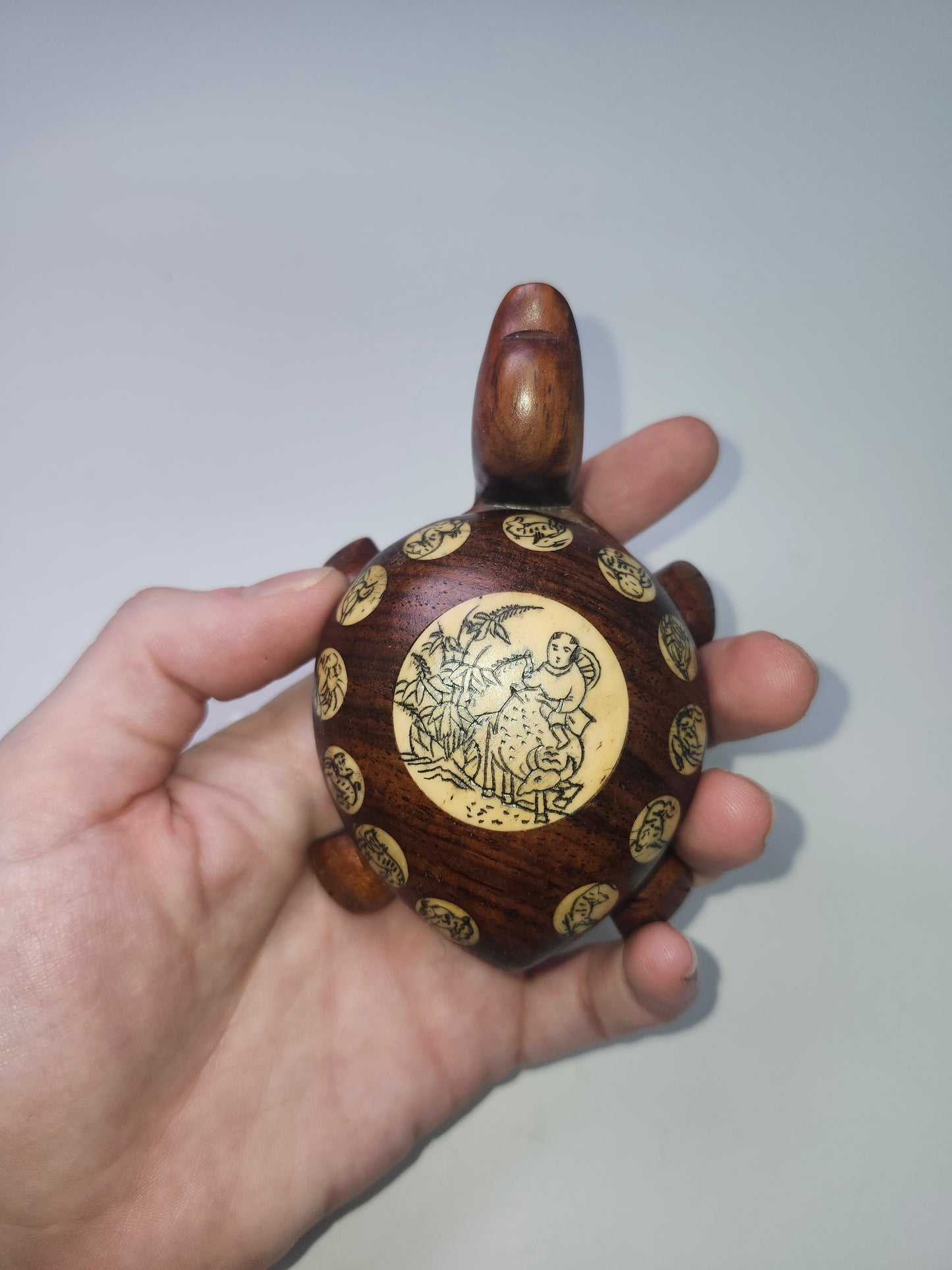 *Carved Wood & Bone* Inlaid Turtle Compass Handmade