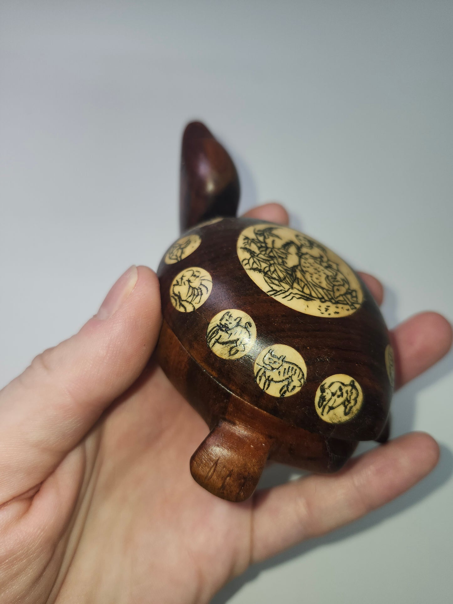 *Carved Wood & Bone* Inlaid Turtle Compass Handmade