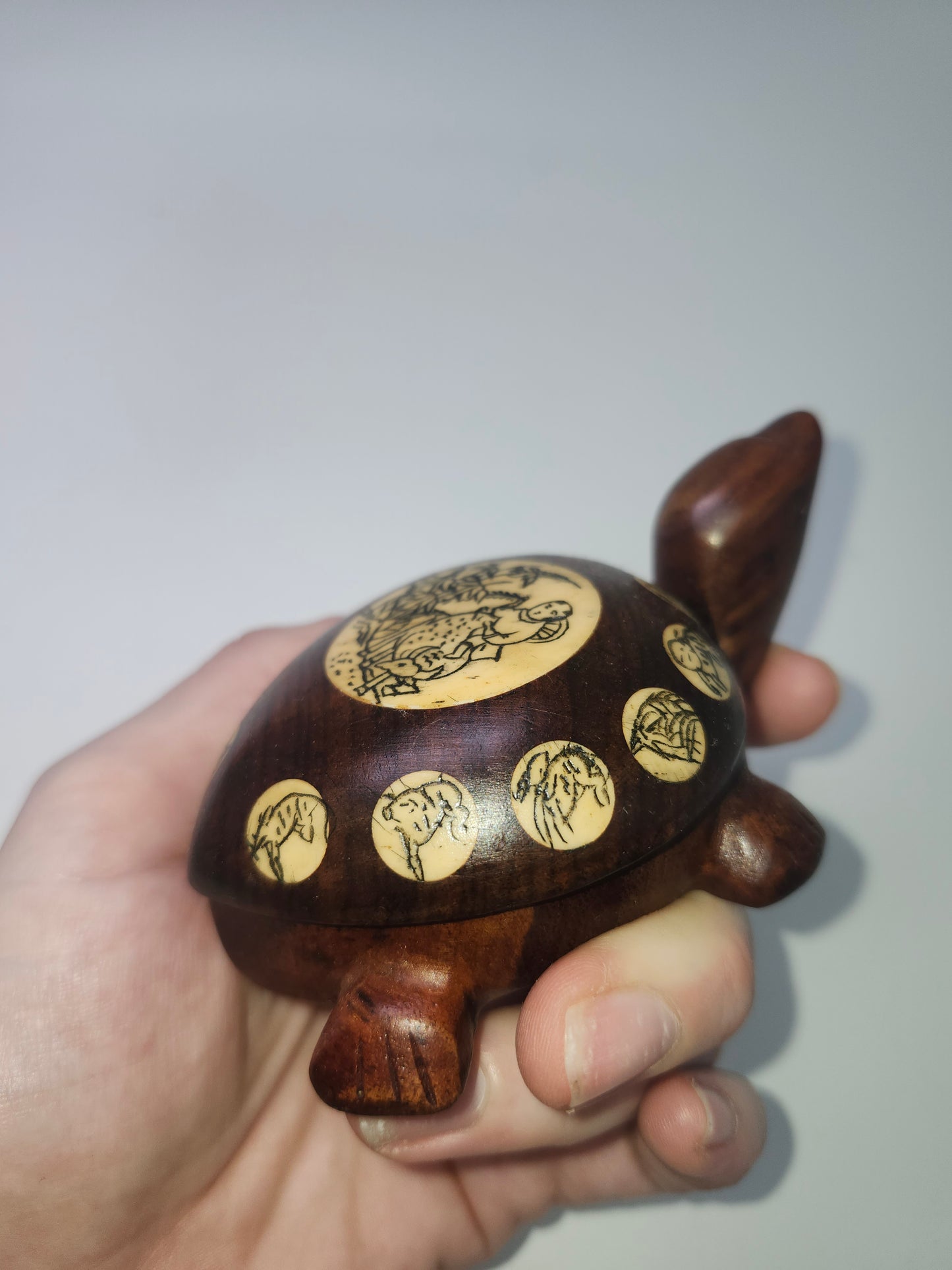 *Carved Wood & Bone* Inlaid Turtle Compass Handmade