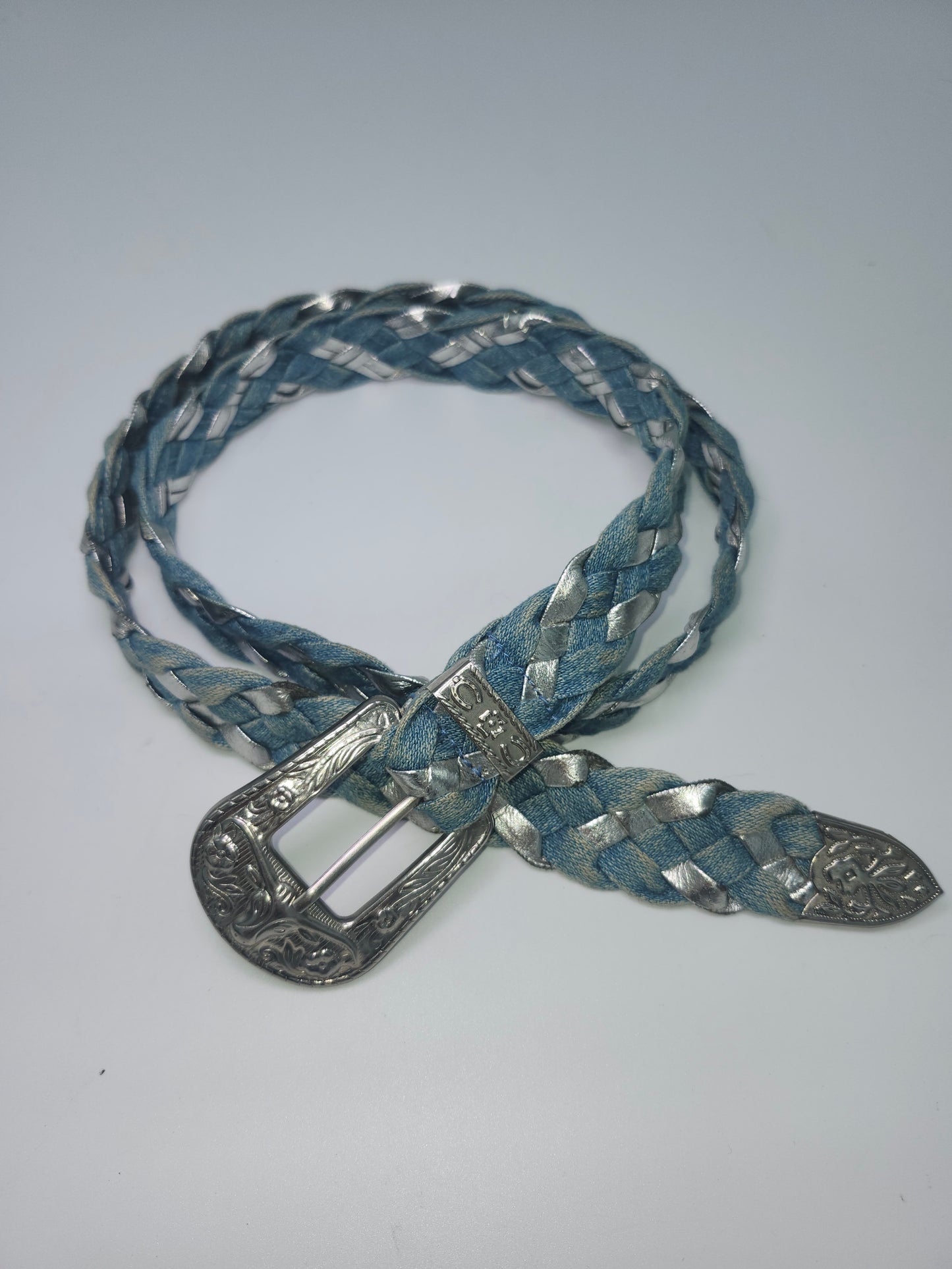 Braided Y2K Metallic Silver Leather & Denim Belt