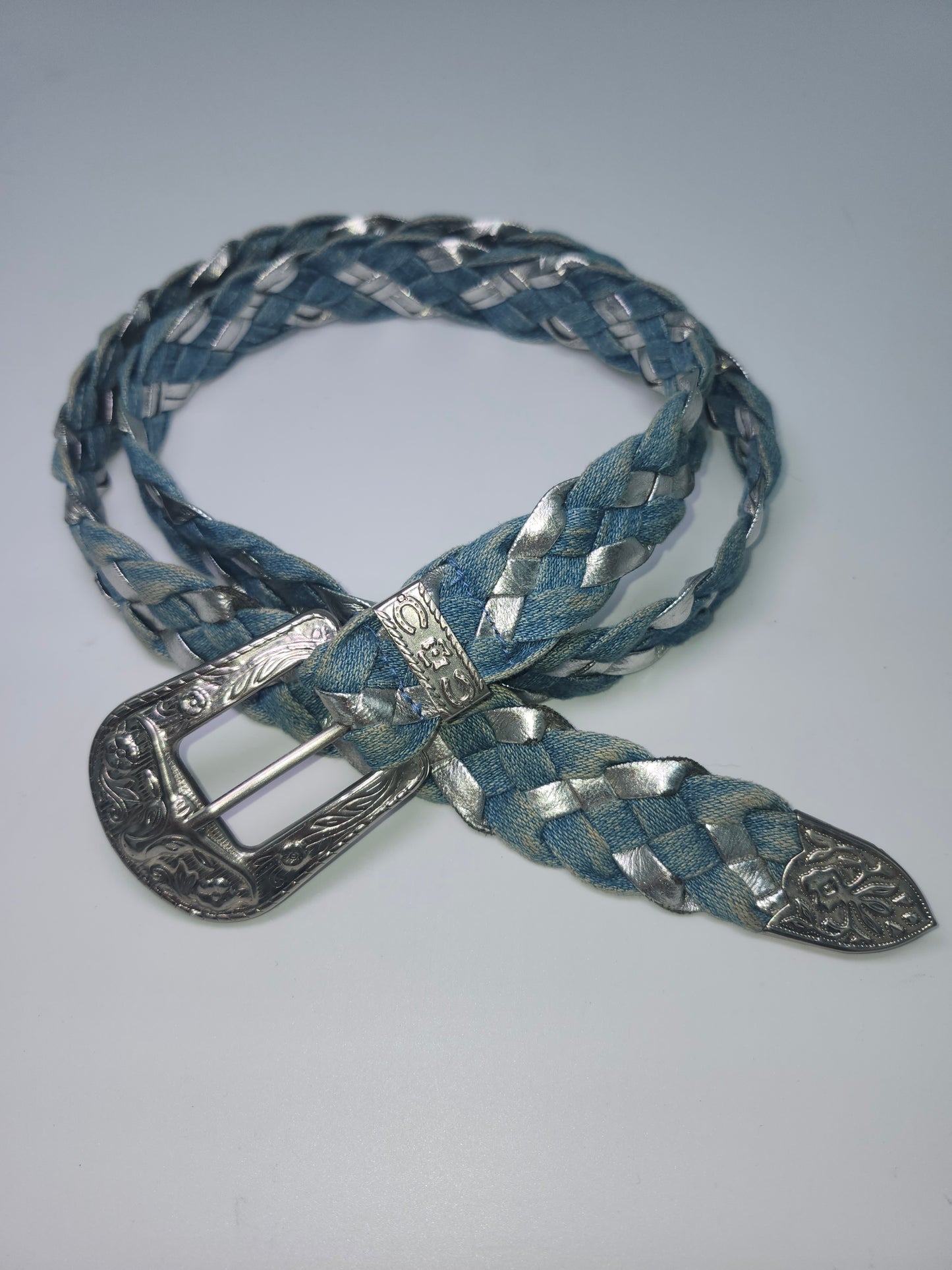 Braided Y2K Metallic Silver Leather & Denim Belt