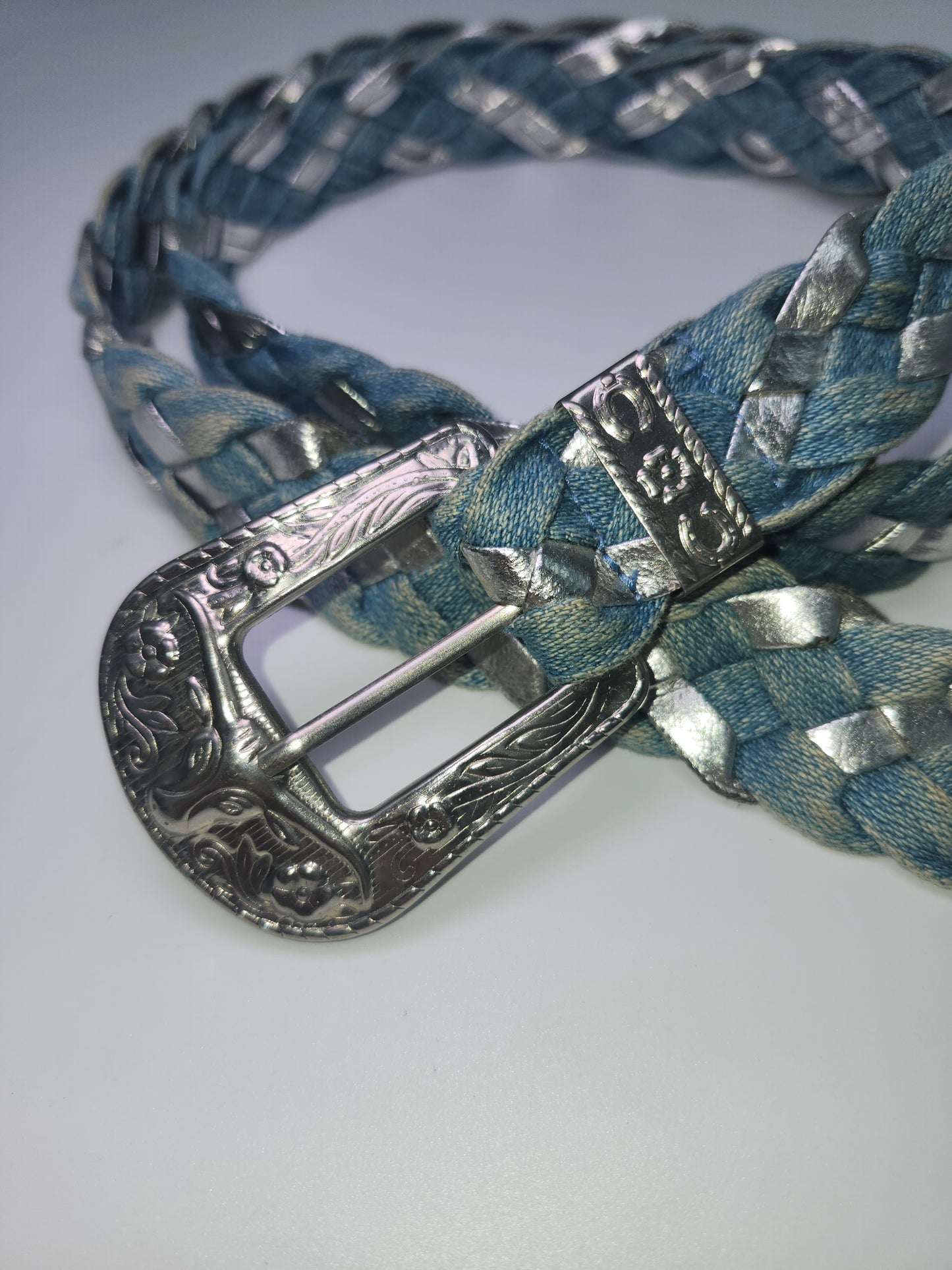 Braided Y2K Metallic Silver Leather & Denim Belt