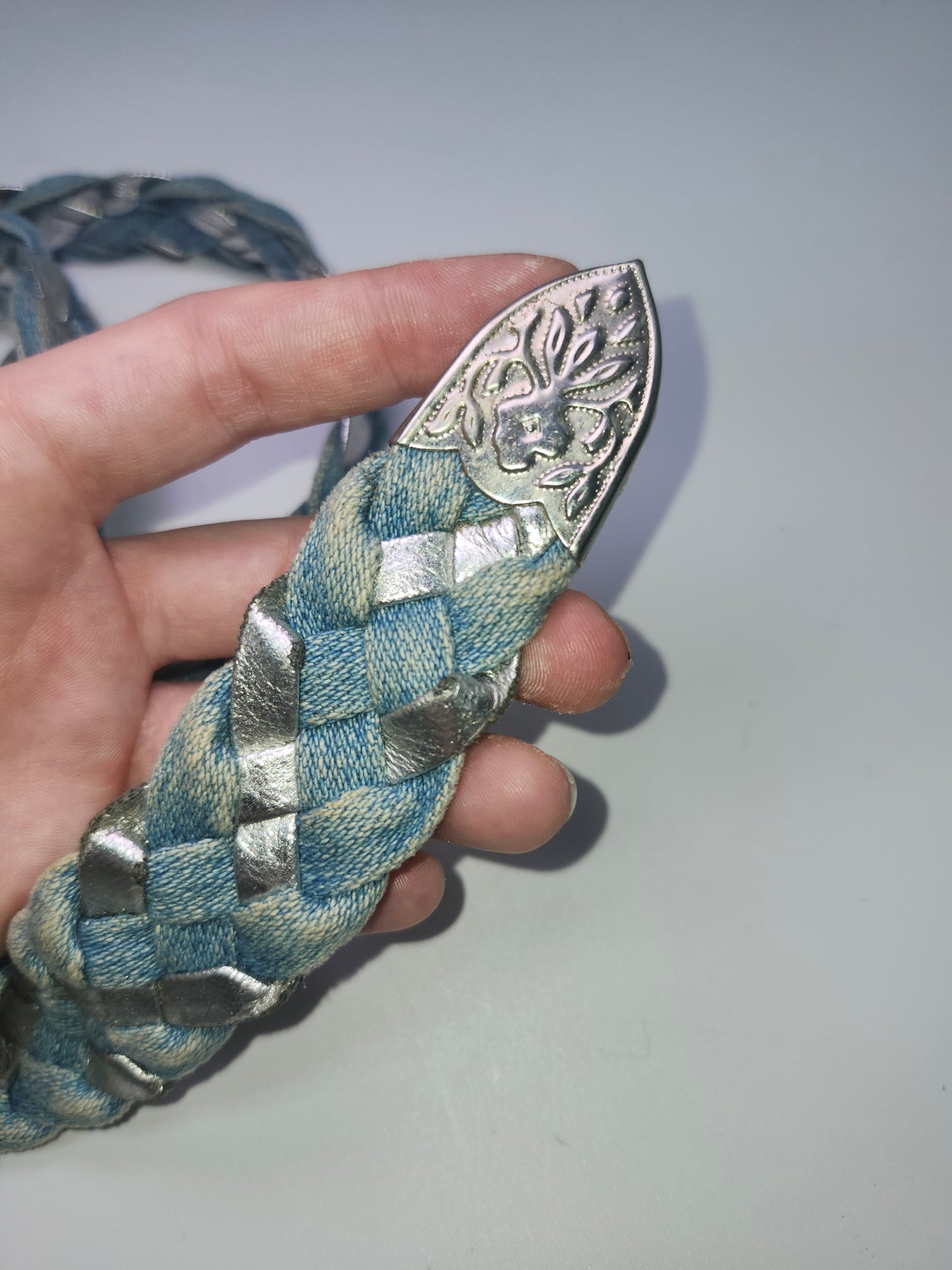 Braided Y2K Metallic Silver Leather & Denim Belt