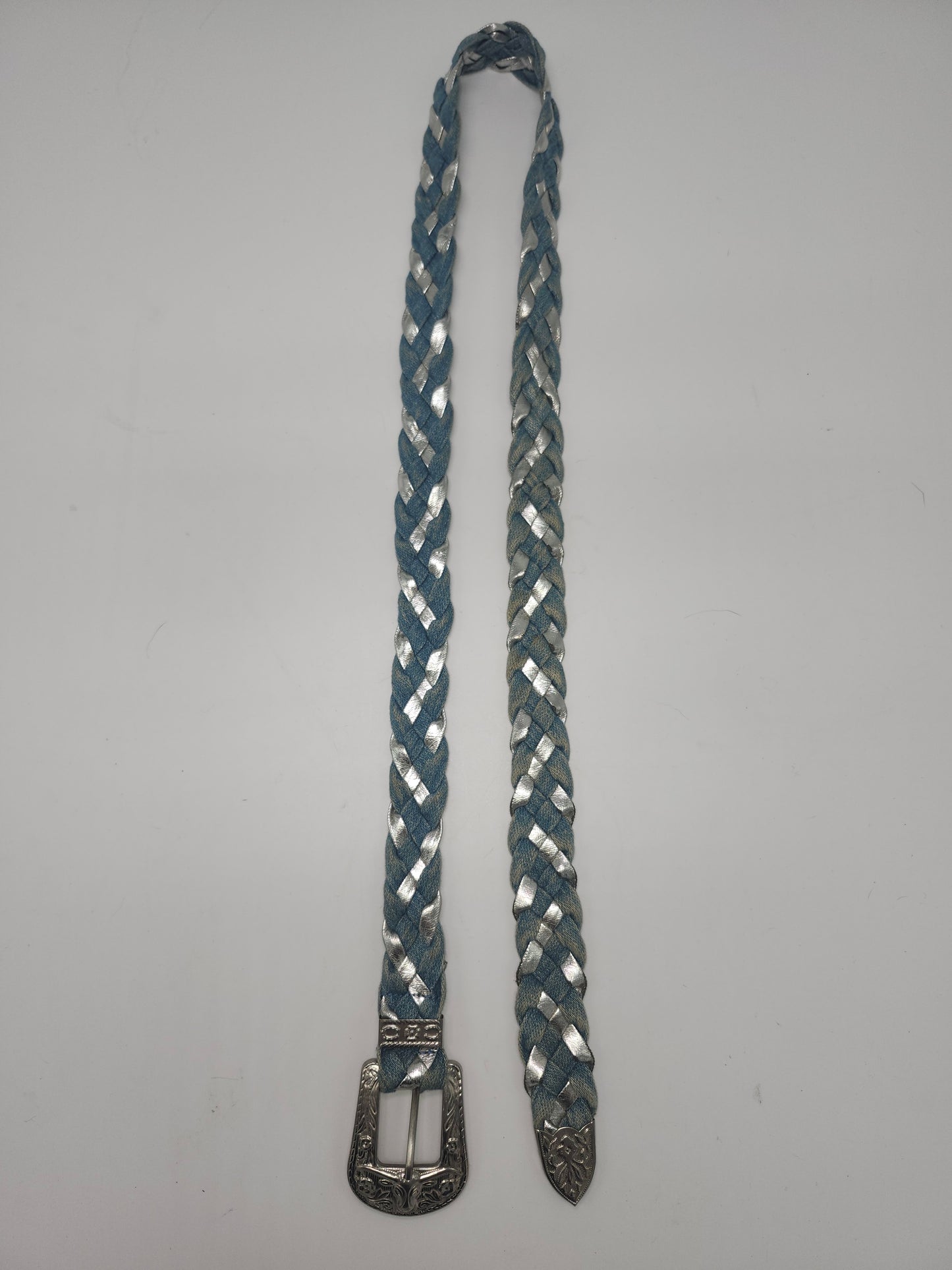 Braided Y2K Metallic Silver Leather & Denim Belt