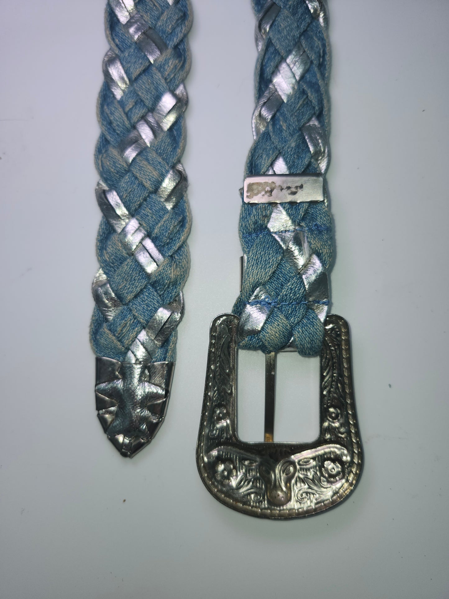 Braided Y2K Metallic Silver Leather & Denim Belt