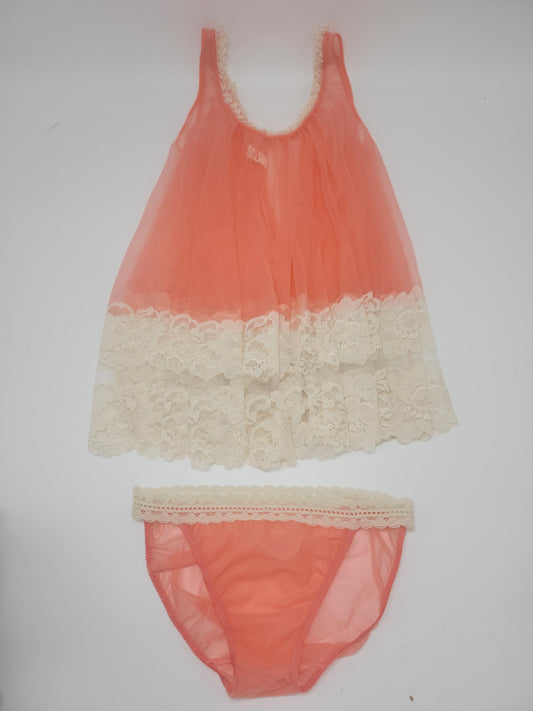 Mid Century Sheer Pink & White Lace Trim 2 Piece Lingerie Set NWOT