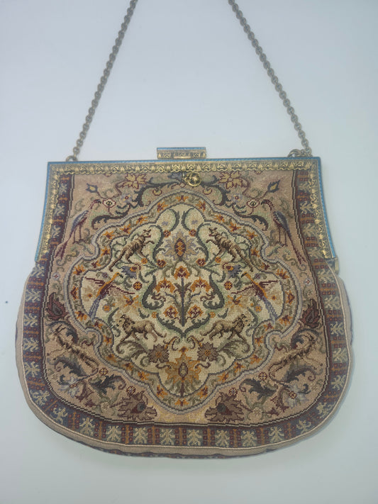1920s Art Deco Era Petit Point Tapestry Purse with Brass & Blue Enamel Frame