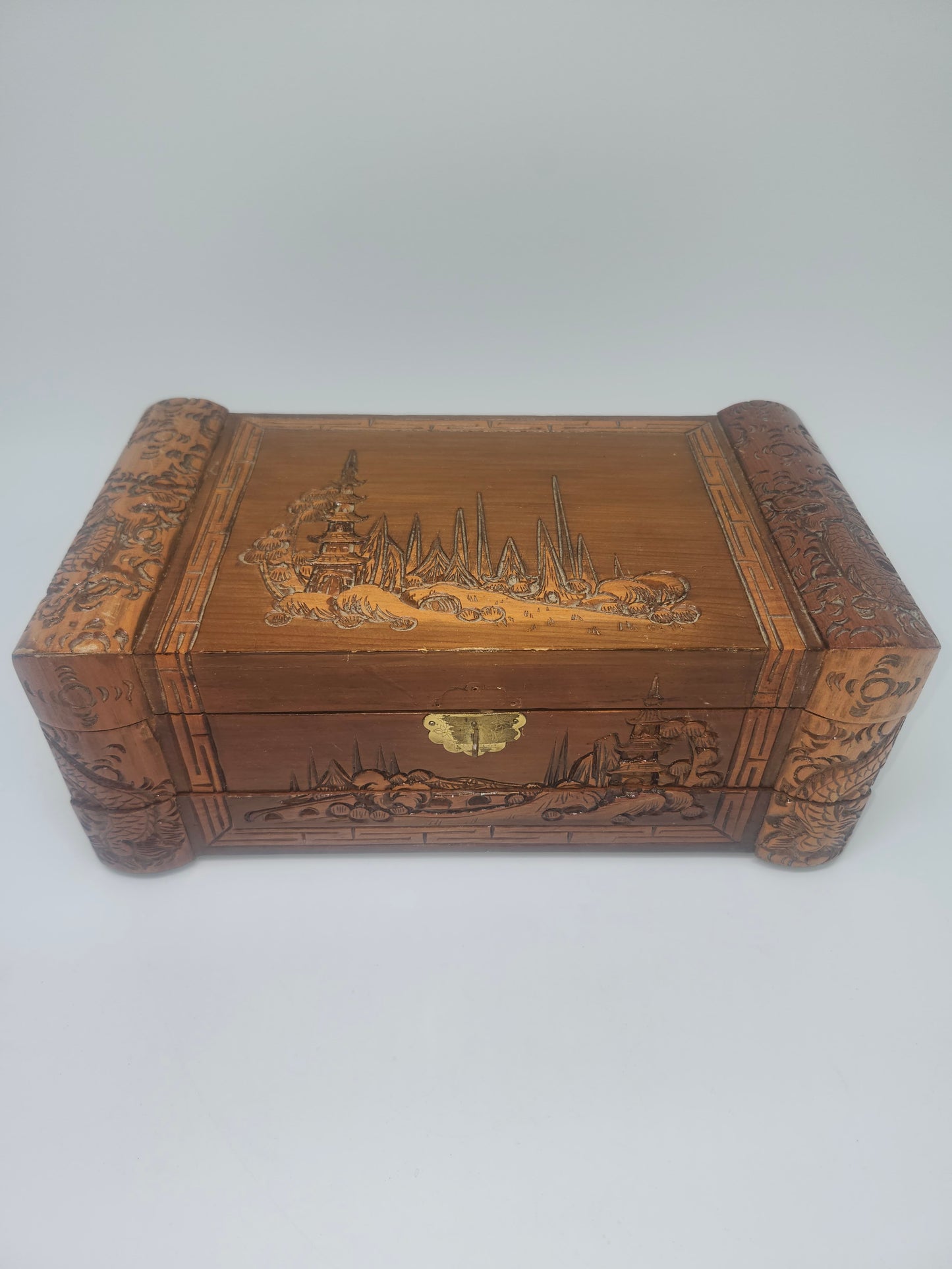 Vintage Wooden Jewelry Box with Carved Eastern Motif