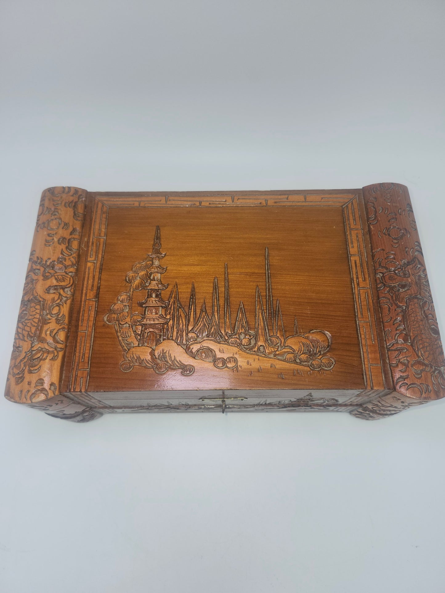 Vintage Wooden Jewelry Box with Carved Eastern Motif