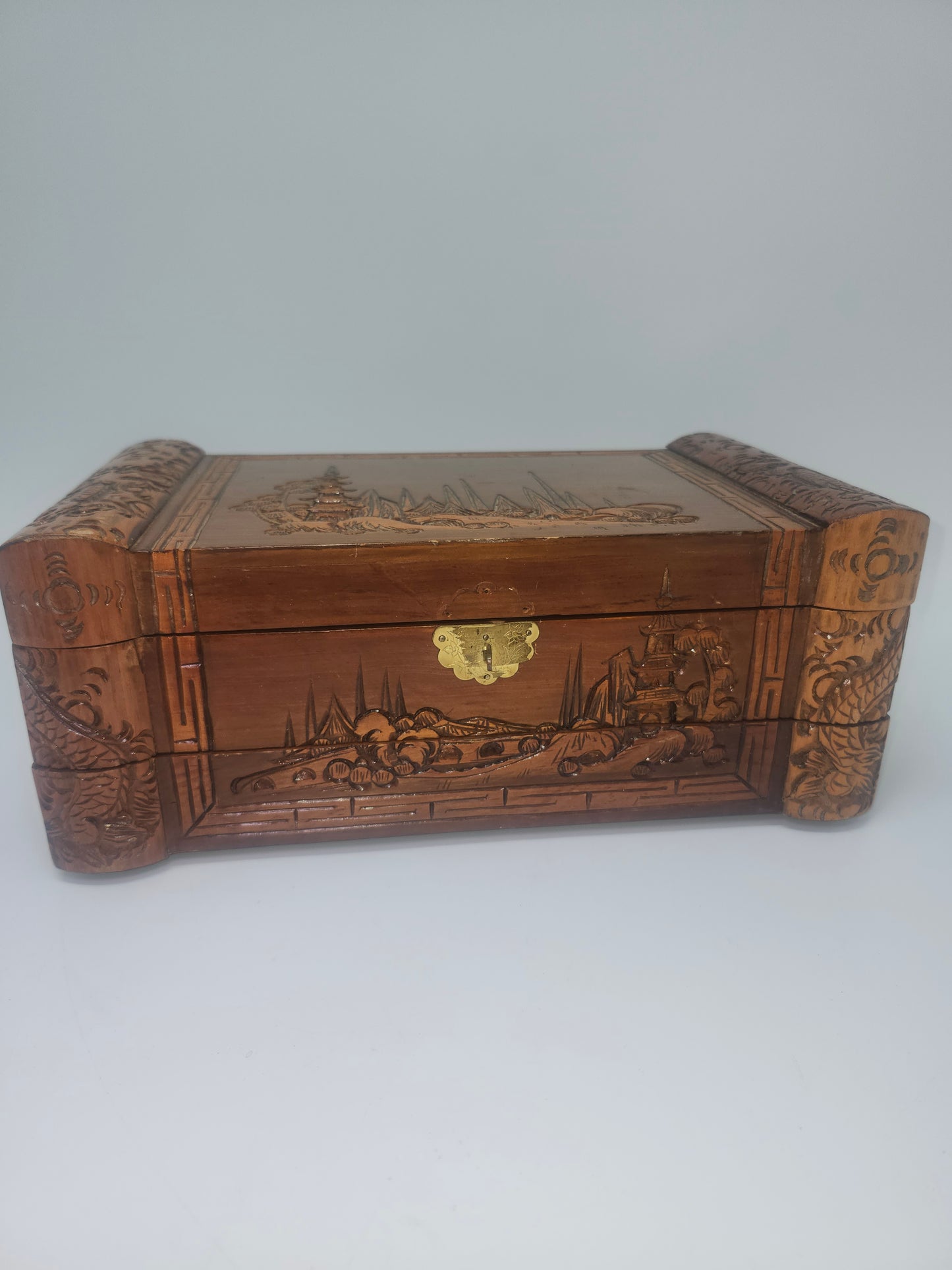 Vintage Wooden Jewelry Box with Carved Eastern Motif